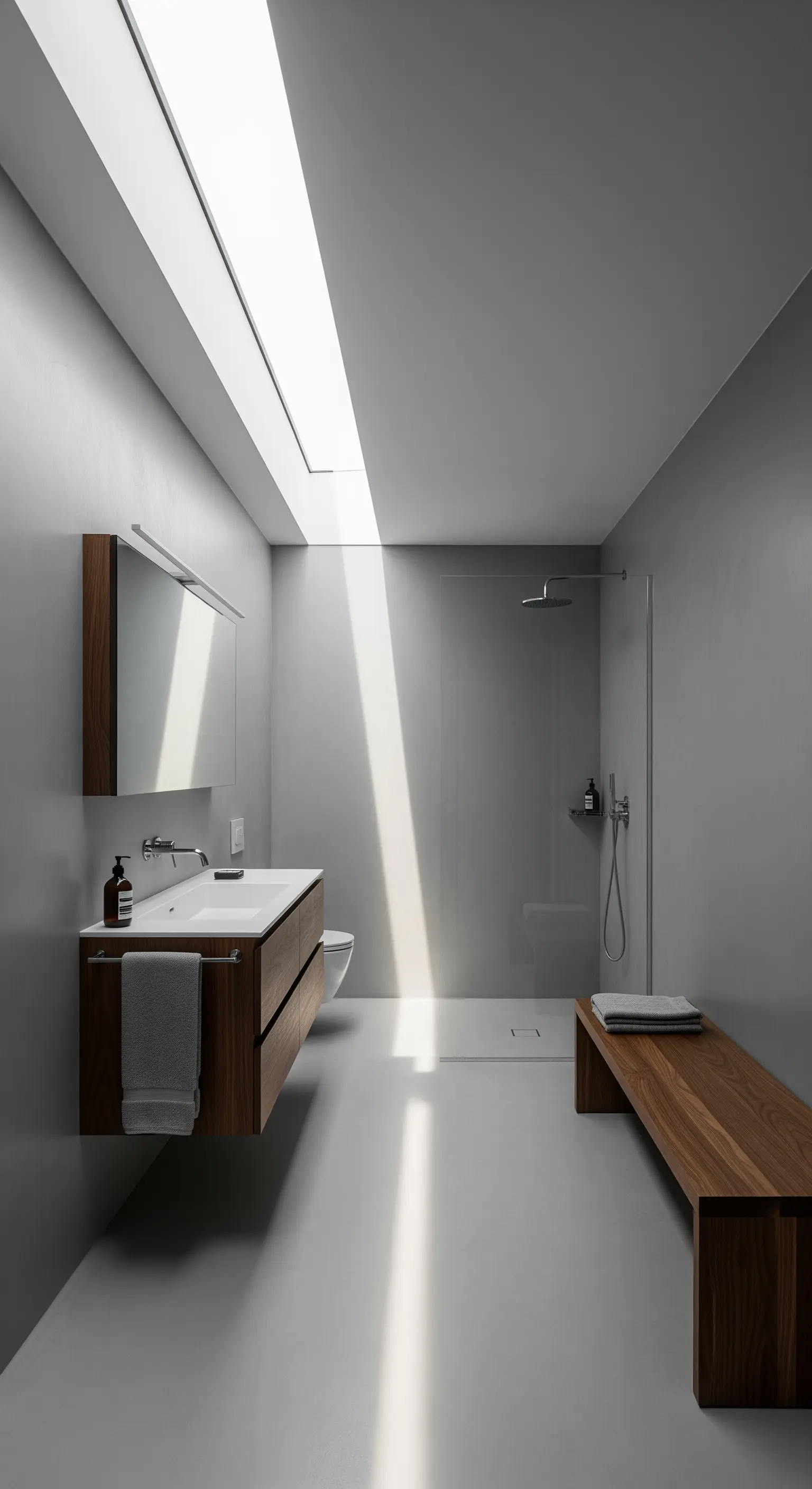 Minimalistisches graues Badezimmer mit einem langen, schmalen Dachfenster als Lichtquelle.