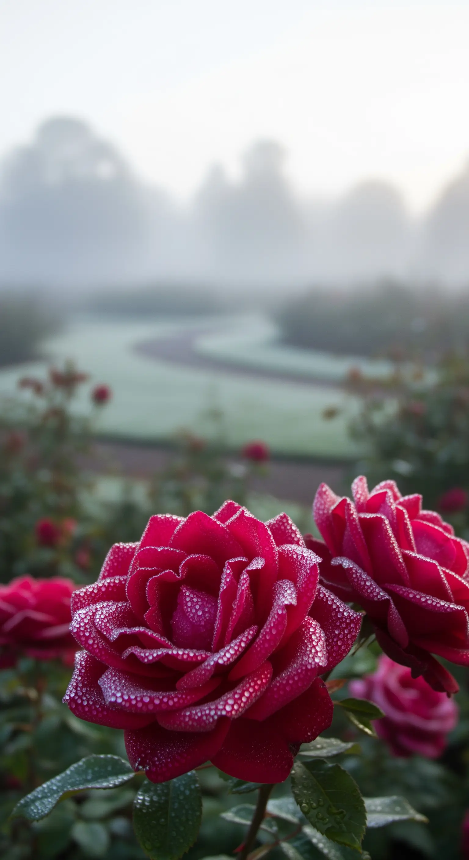 Nahaufnahme einer roten Rose mit Tautropfen im nebligen Morgengrauen