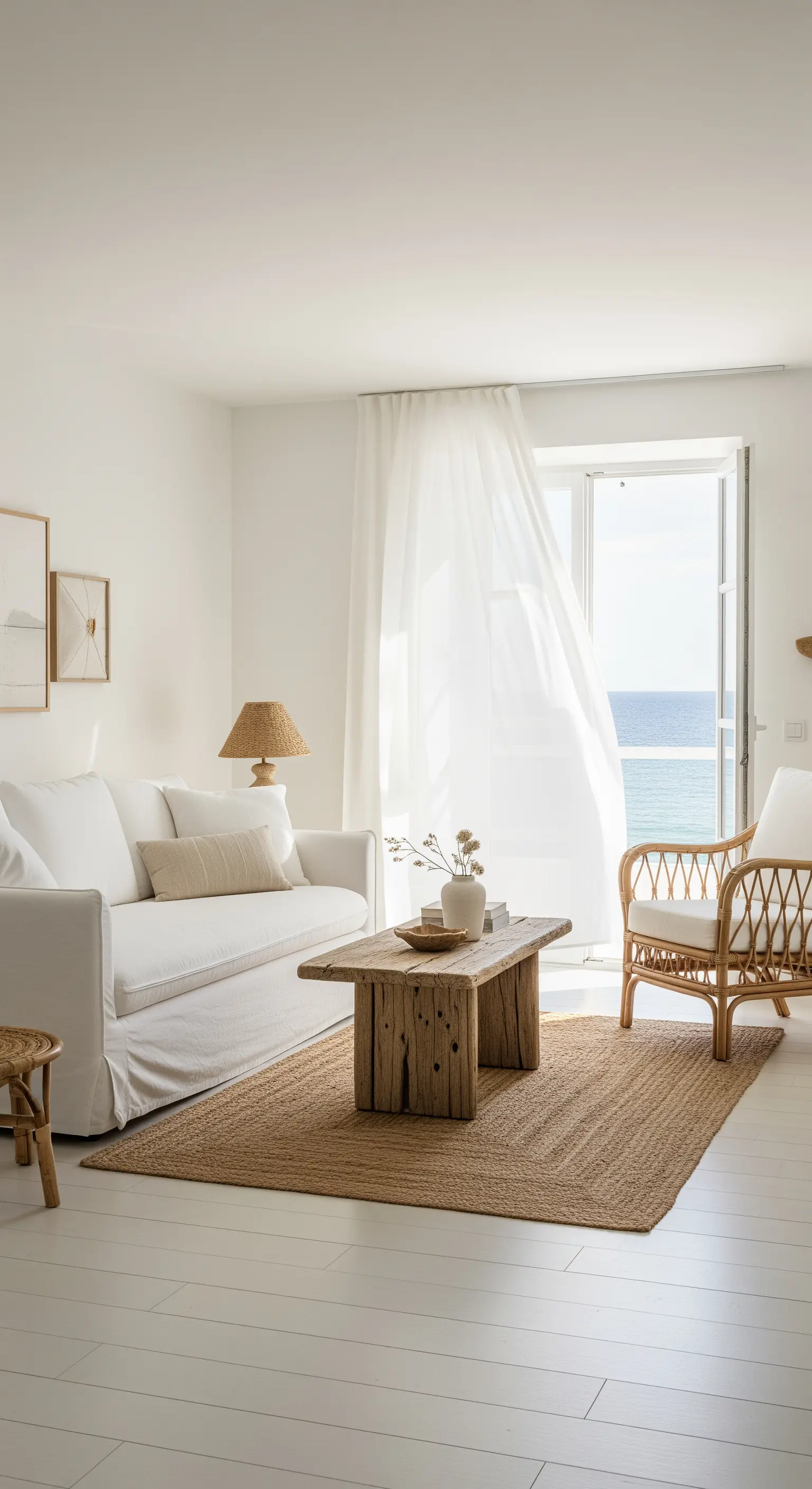 Helles Wohnzimmer mit weißem Leinensofa und einem rustikalen Couchtisch aus Altholz.