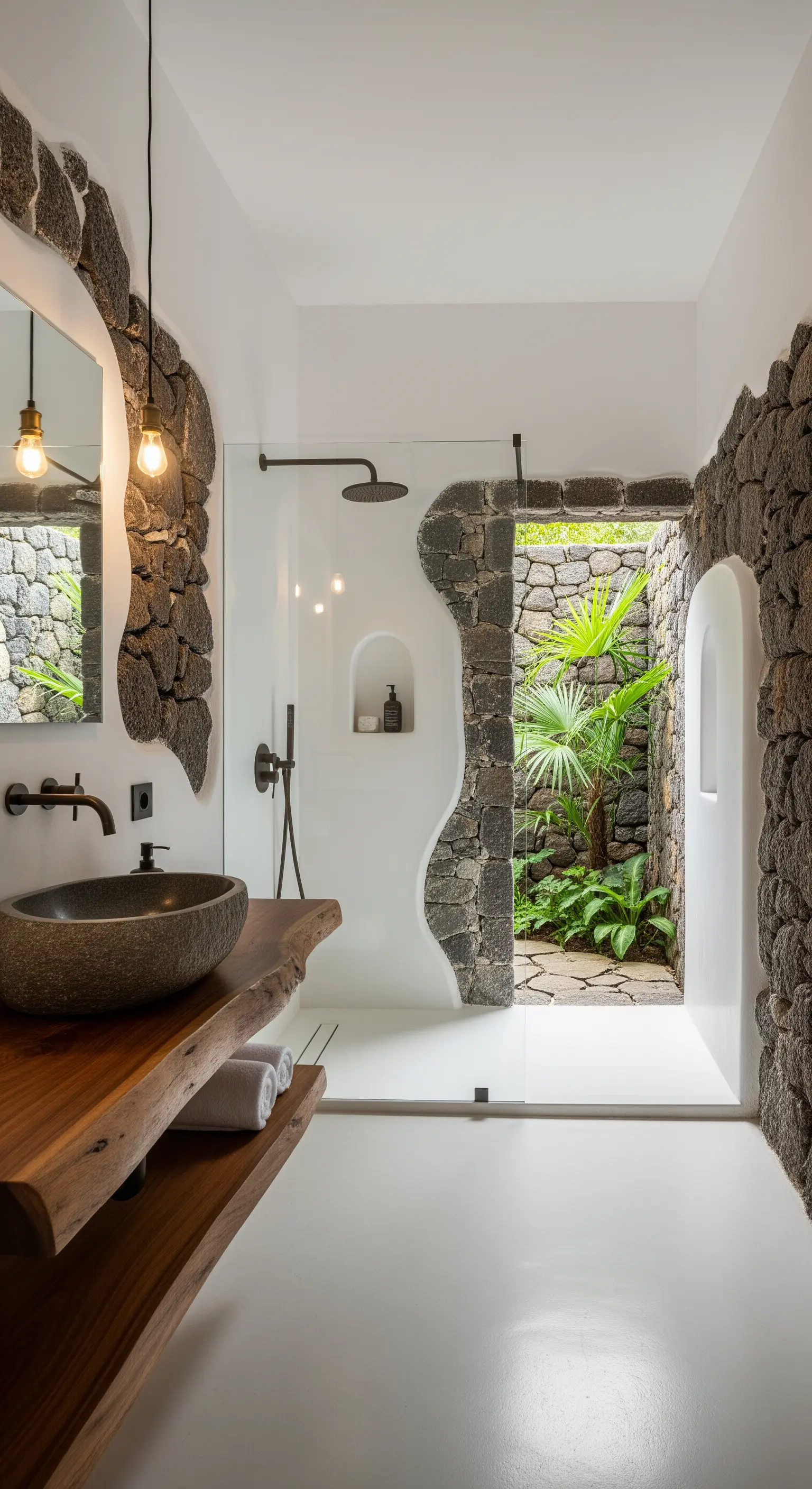 Badezimmer mit rauer Steinwand, Holzwachtisch und Übergang zu einer Außendusche.