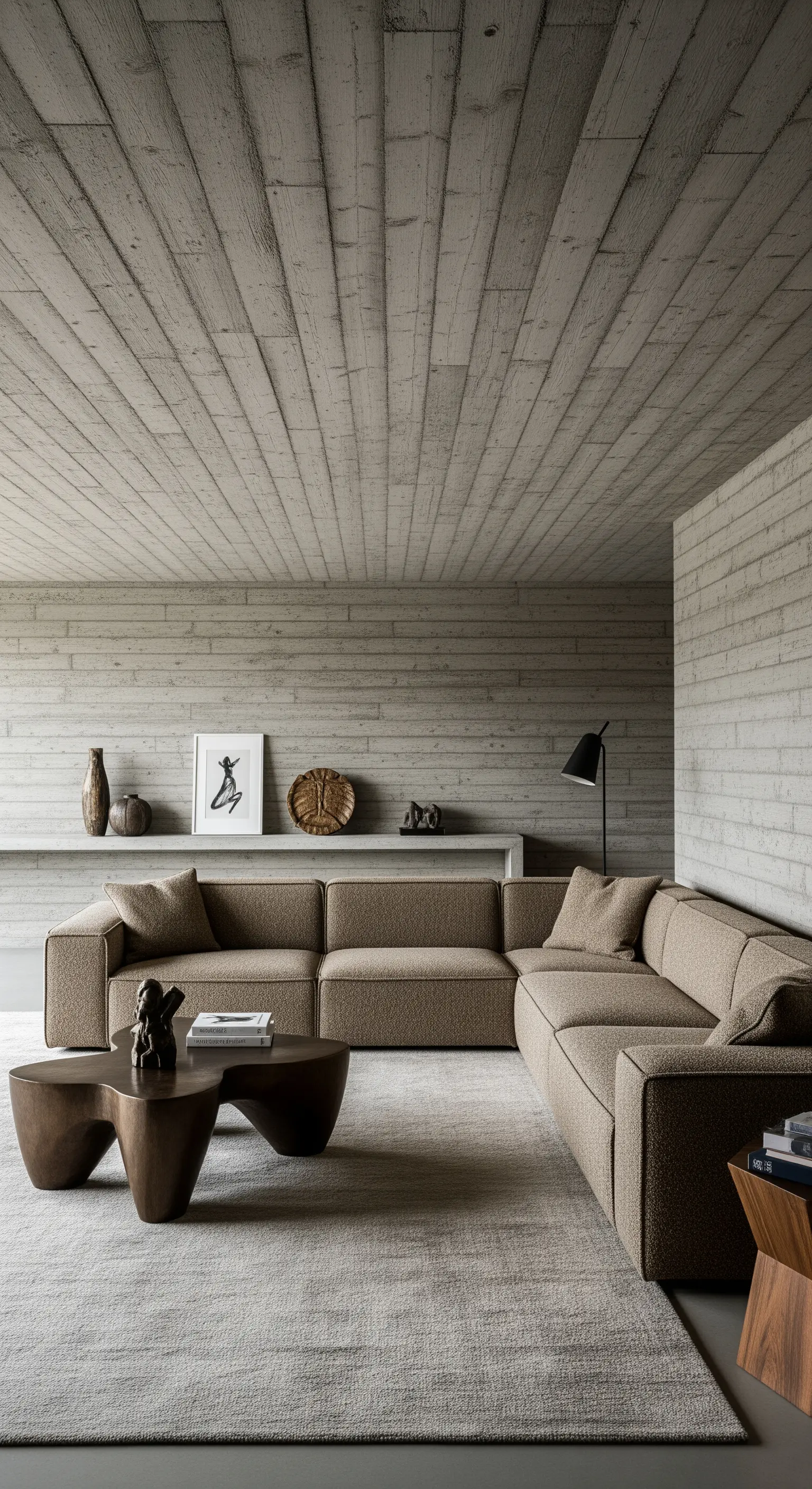 Wohnzimmer mit Betonwänden, einem texturierten beigen Sofa und einem dunklen, organisch geformten Couchtisch.