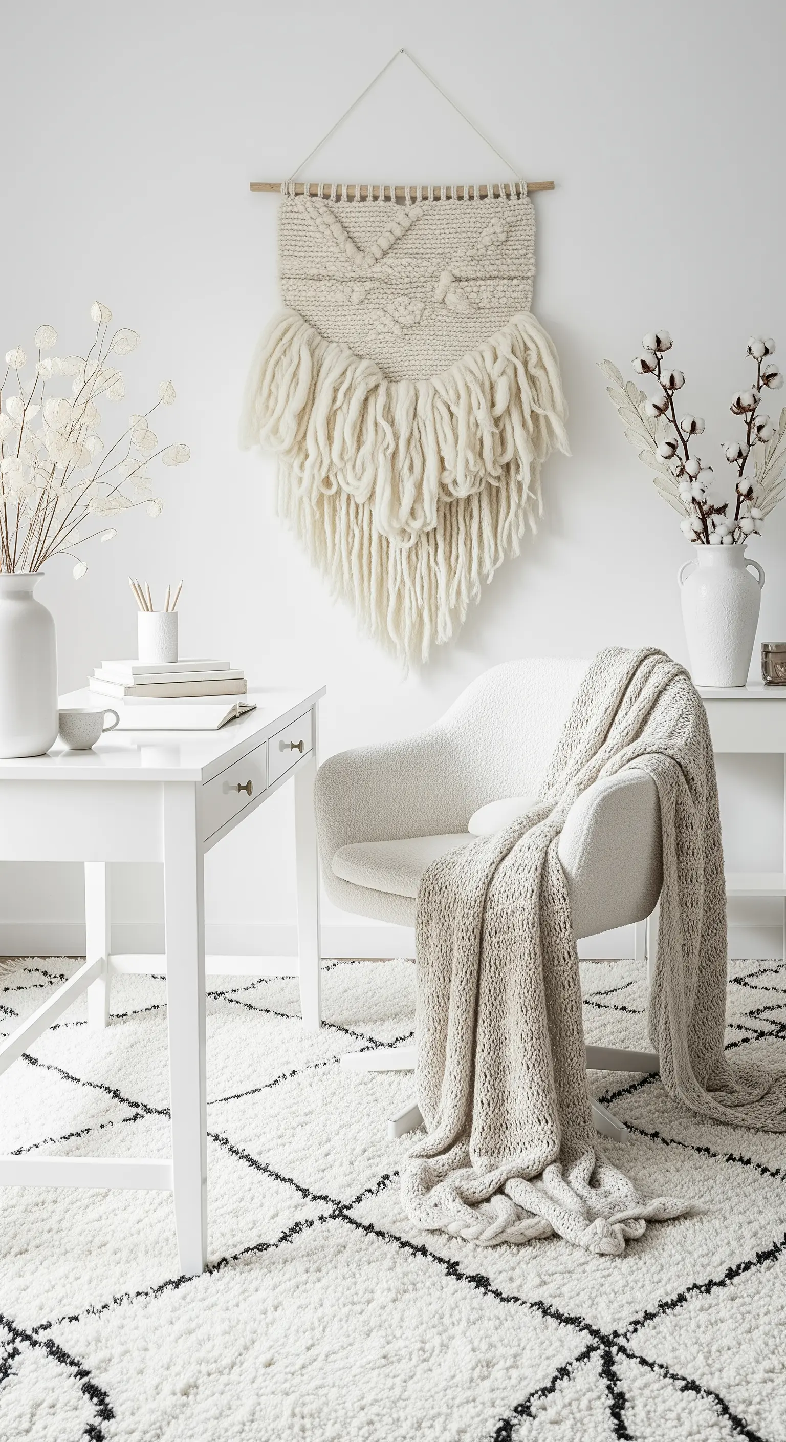 Weißes, texturreiches Boho-Homeoffice mit Woll-Wandbehang und Bouclé-Stuhl