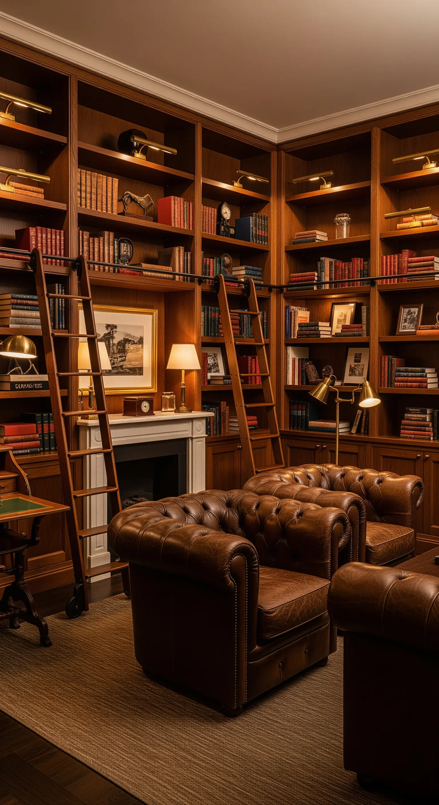 Klassische Bibliothek mit raumhohen Holzregalen und braunen Chesterfield-Sesseln.