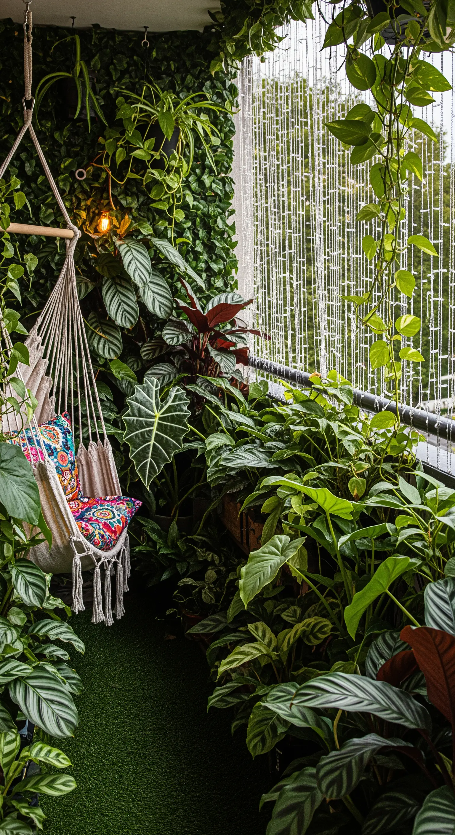Kleiner Balkon, der mit unzähligen Pflanzen und einem Hängesessel in einen Urban Jungle verwandelt wurde.