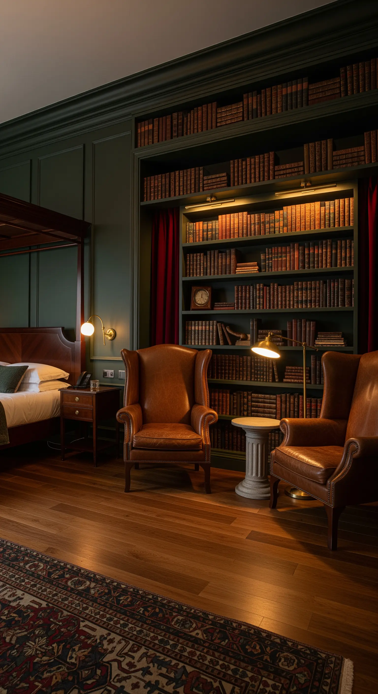 Dunkles Schlafzimmer mit einer Bücherwand und zwei braunen Ledersesseln davor.