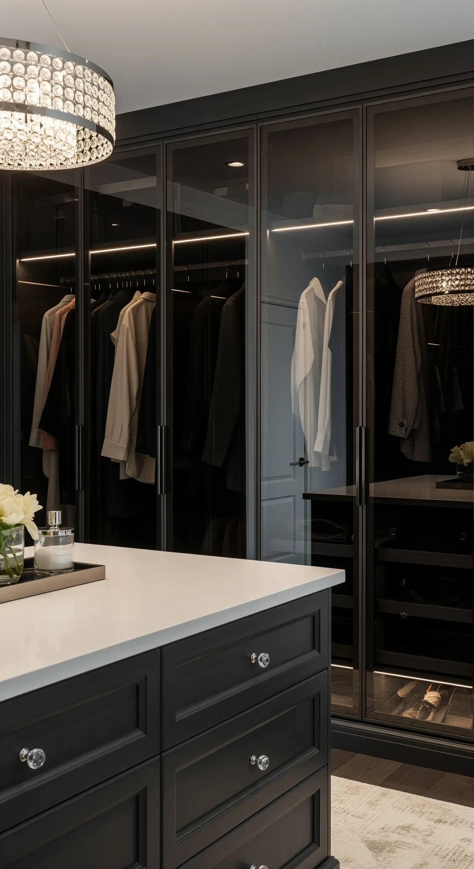 Ankleidezimmer mit Rauchglastüren am Kleiderschrank und Kristallknöpfen.