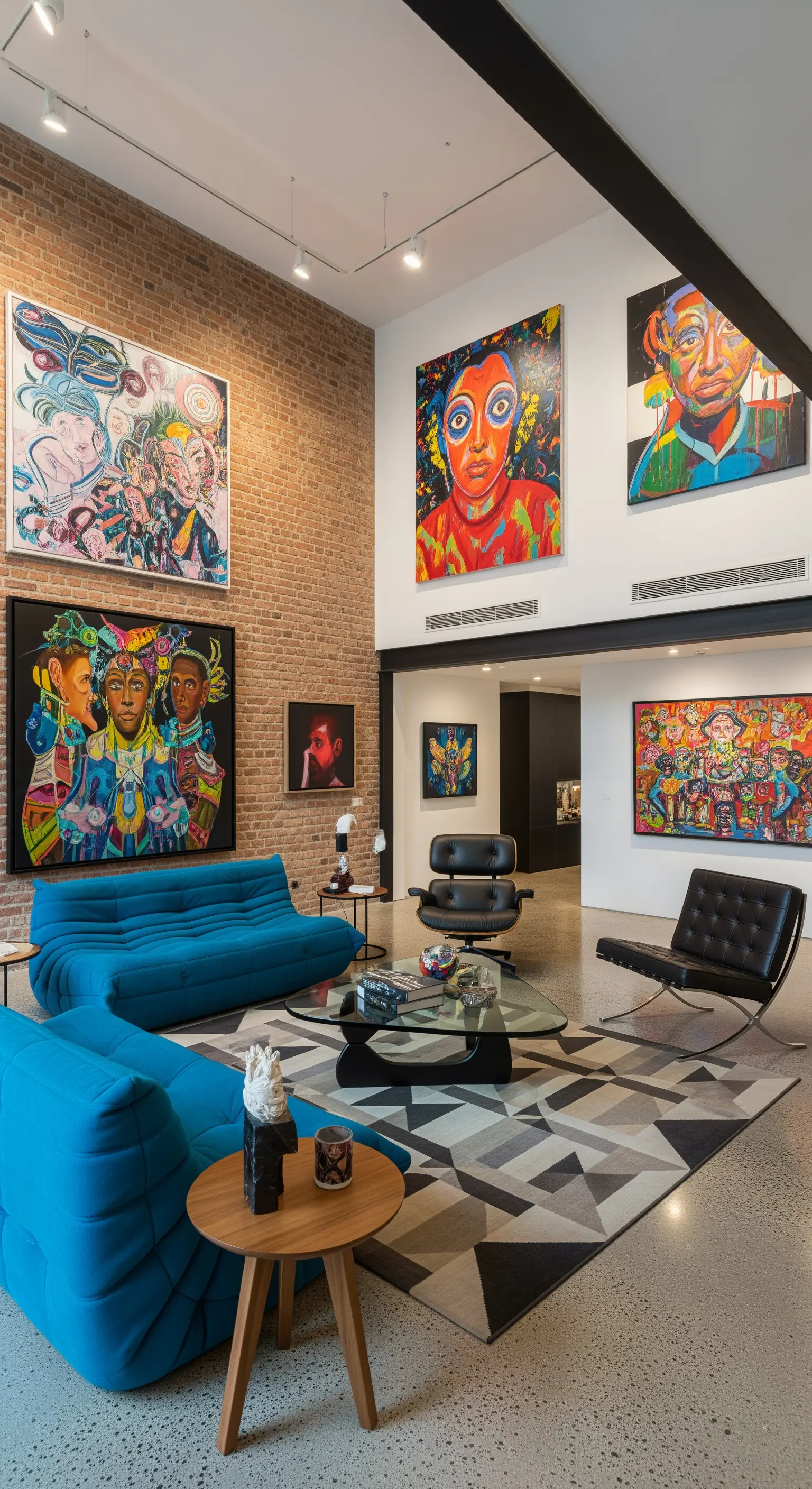 Wohnzimmer im Loft-Stil mit einer hohen Backsteinwand, die als Kunstgalerie dient.