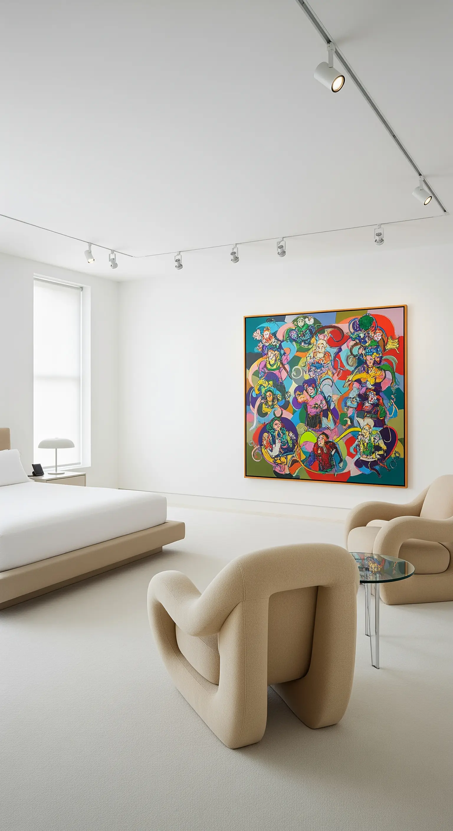 Minimalistisches weißes Schlafzimmer mit zwei beigen Sesseln vor einem großen, bunten Gemälde.