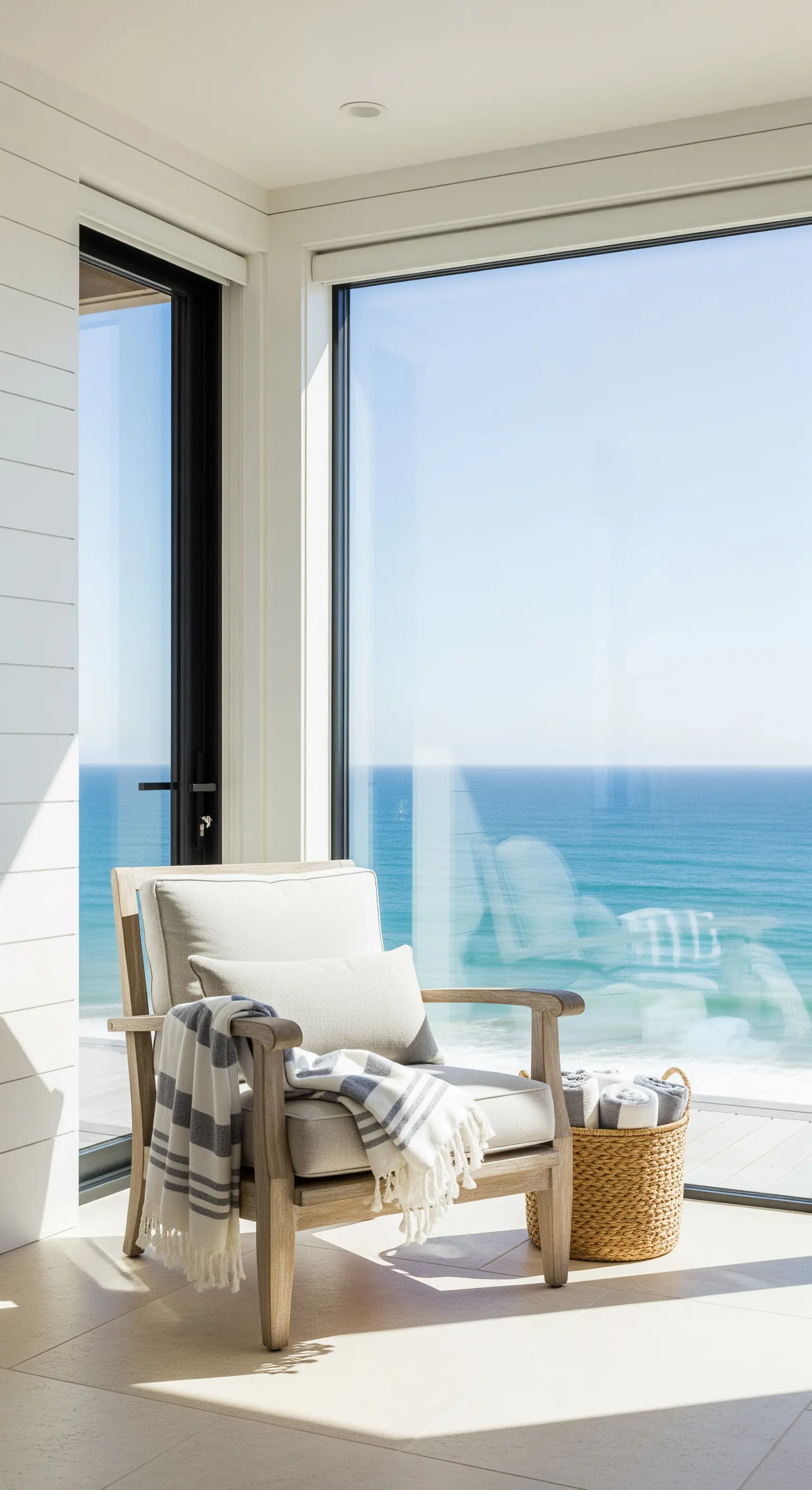 Heller Sessel mit Korb für Handtücher vor einem großen Fenster mit Meerblick.