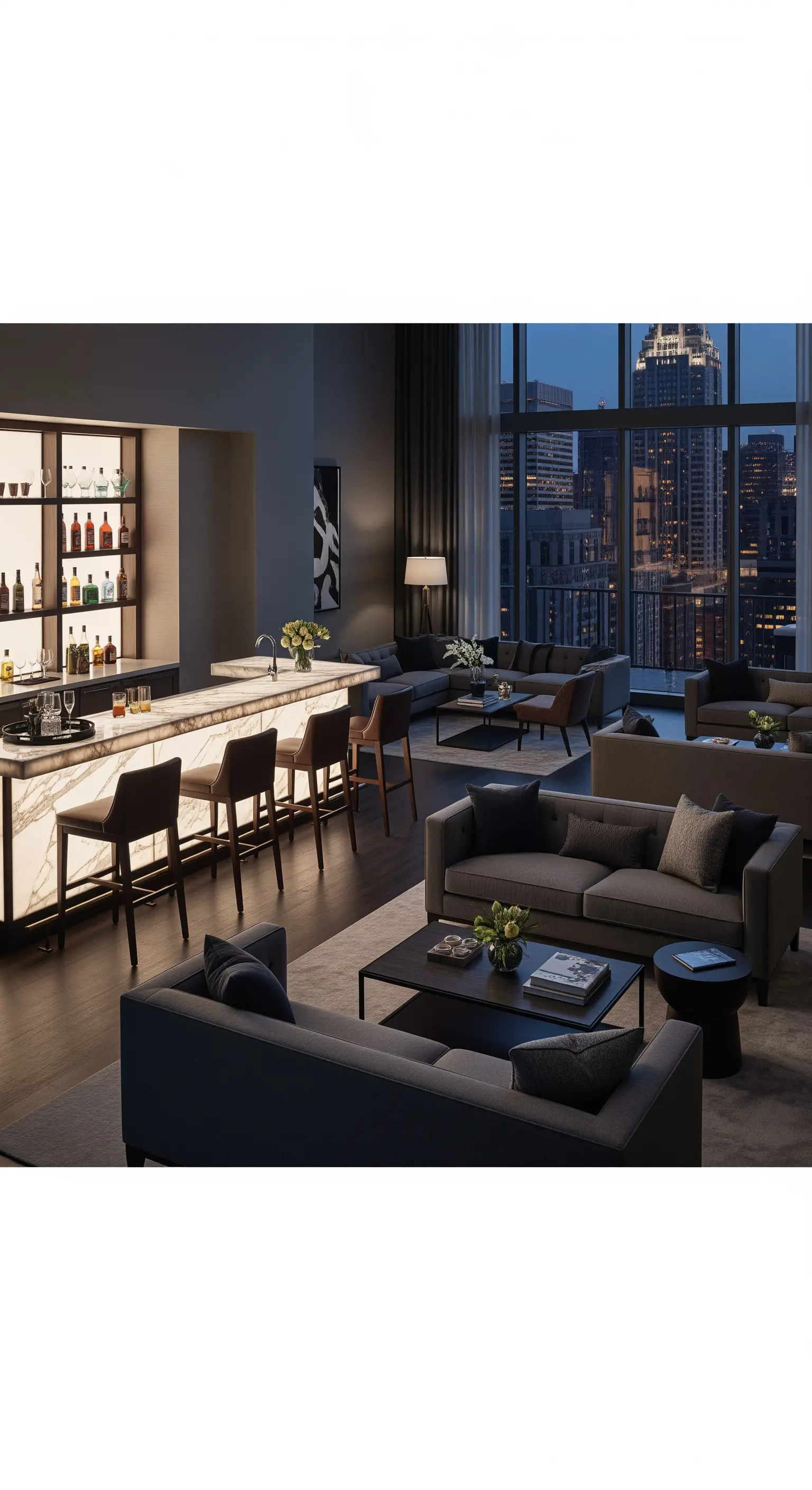 Elegante Wohnzimmer-Lounge mit einer beleuchteten Marmorbar und mehreren Sitzgruppen.