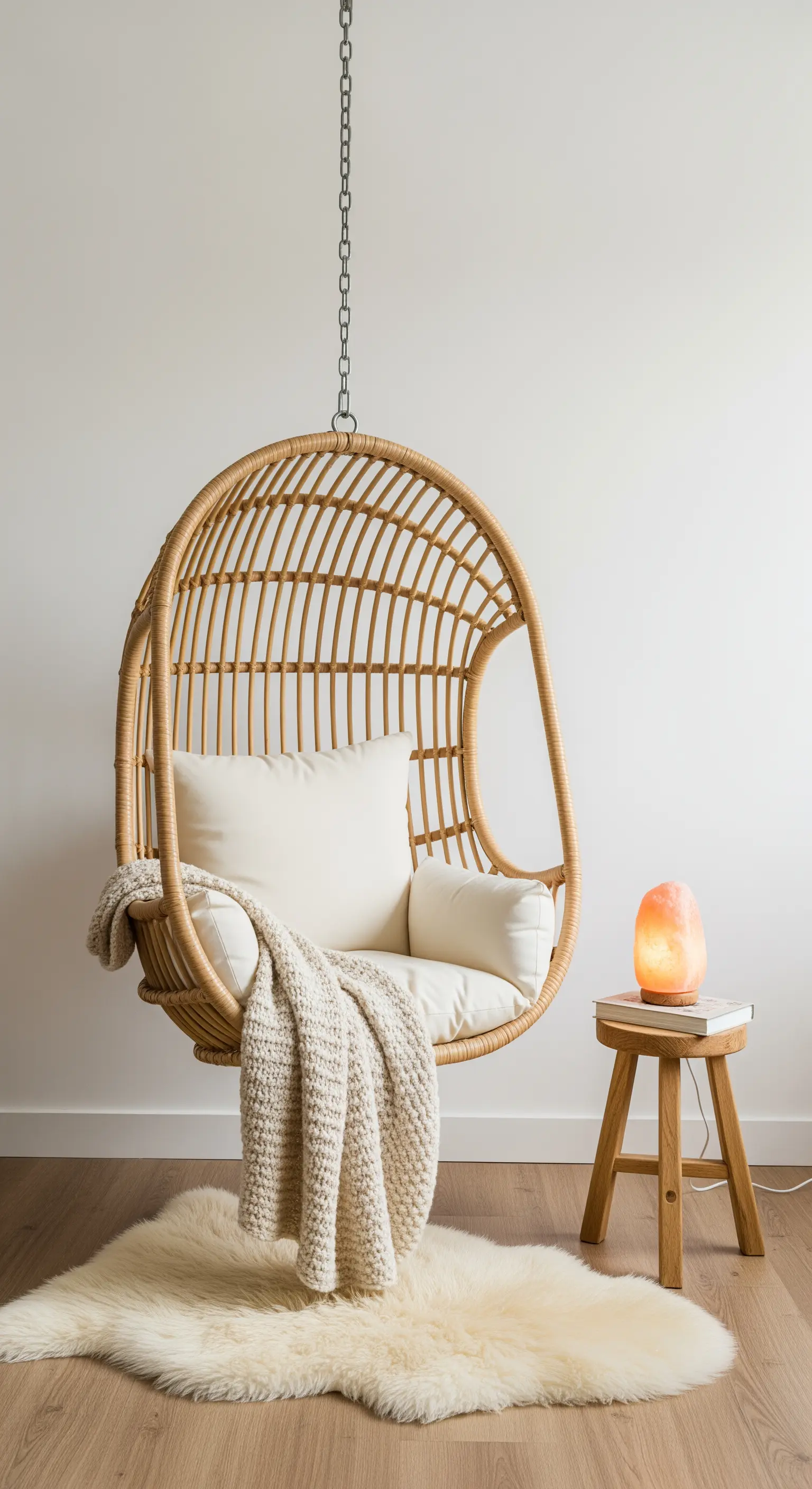 Ein Rattan-Hängesessel mit Decke und Kissen, daneben eine leuchtende Salzlampe.