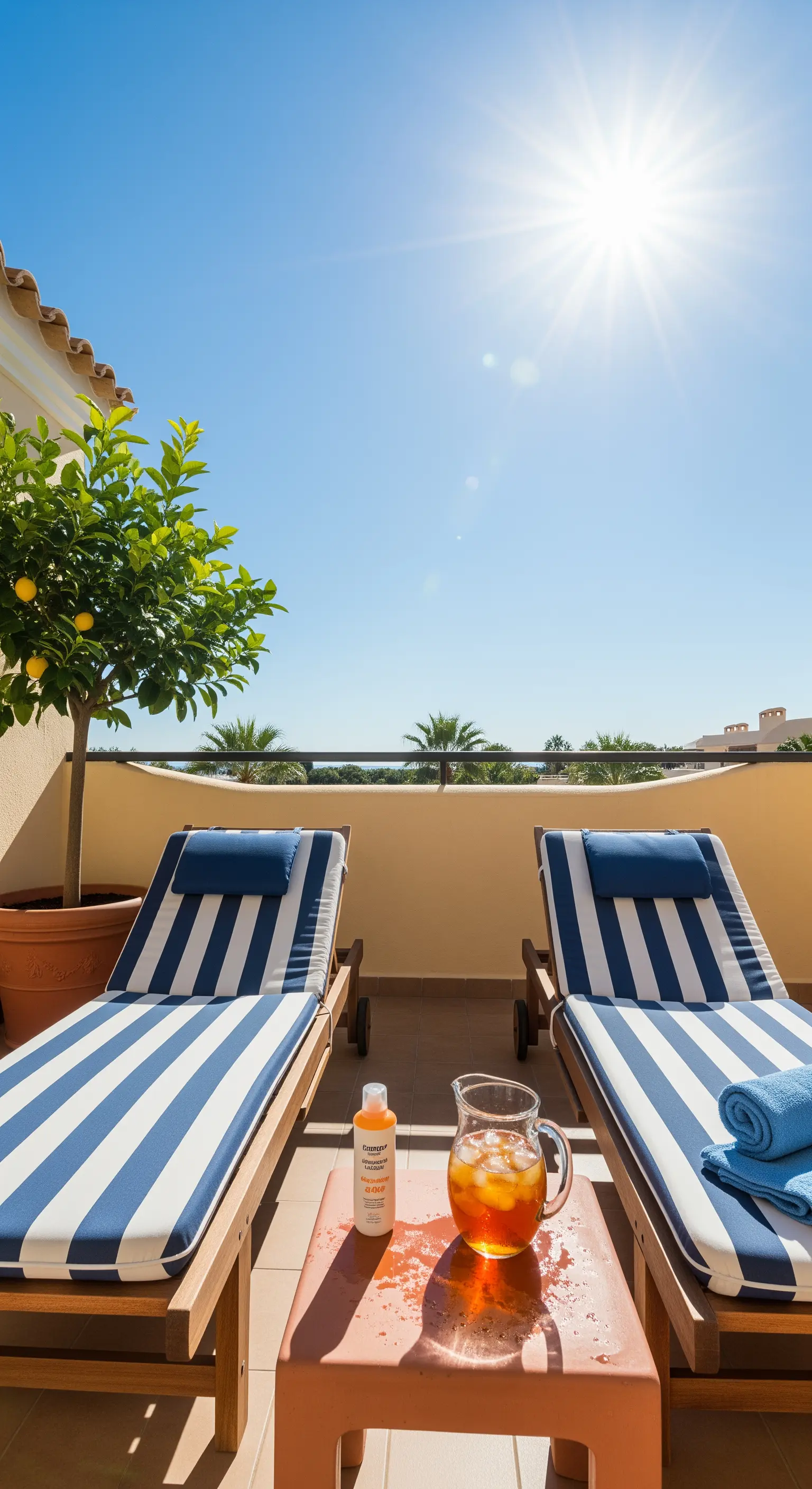 Zwei Sonnenliegen mit blau-weiß gestreiften Auflagen auf einem sonnigen Balkon.