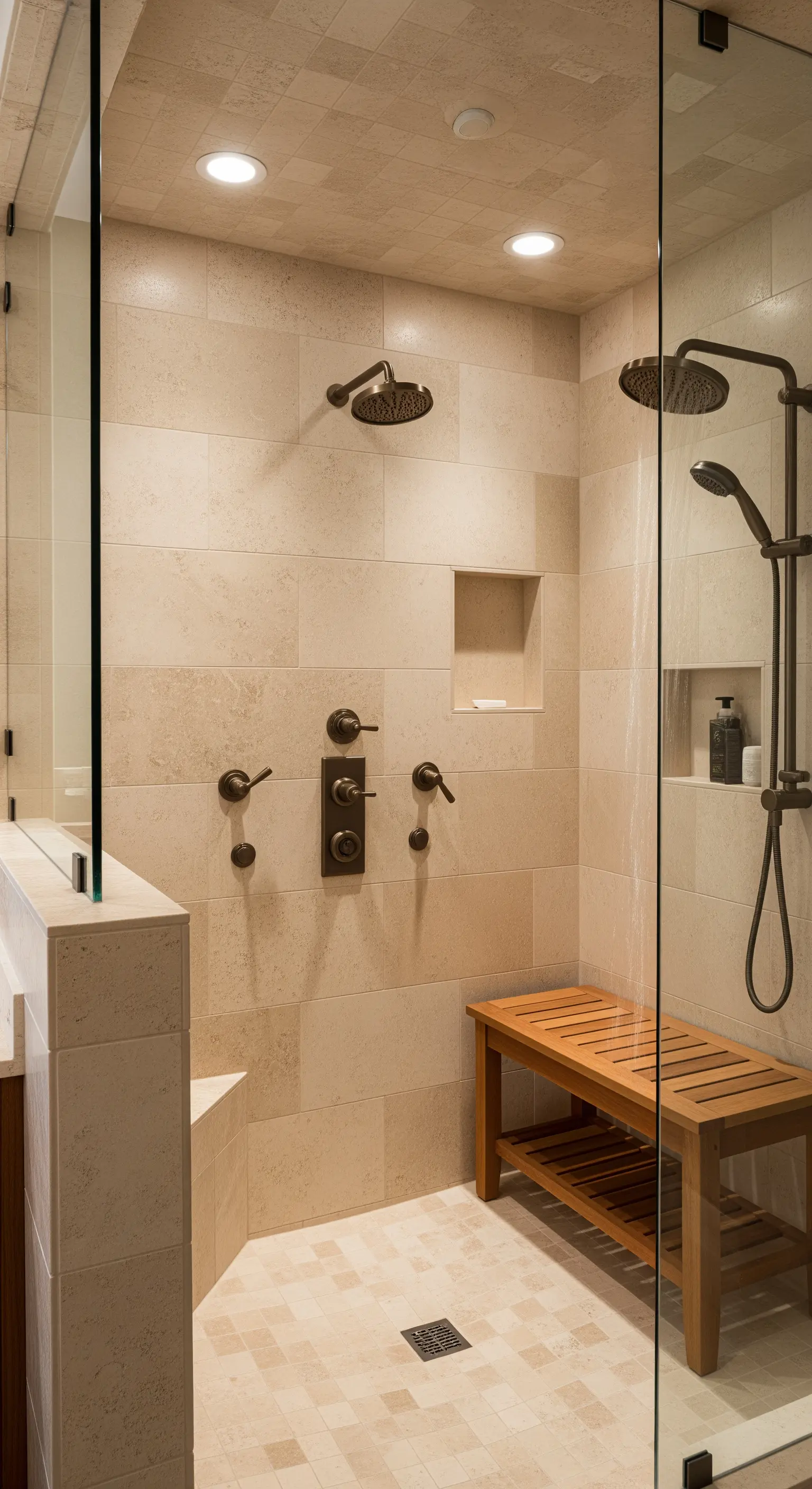 Begehbare Dusche mit beigefarbenen Steinfliesen, dunklen Armaturen und einer Sitzbank aus Holz.