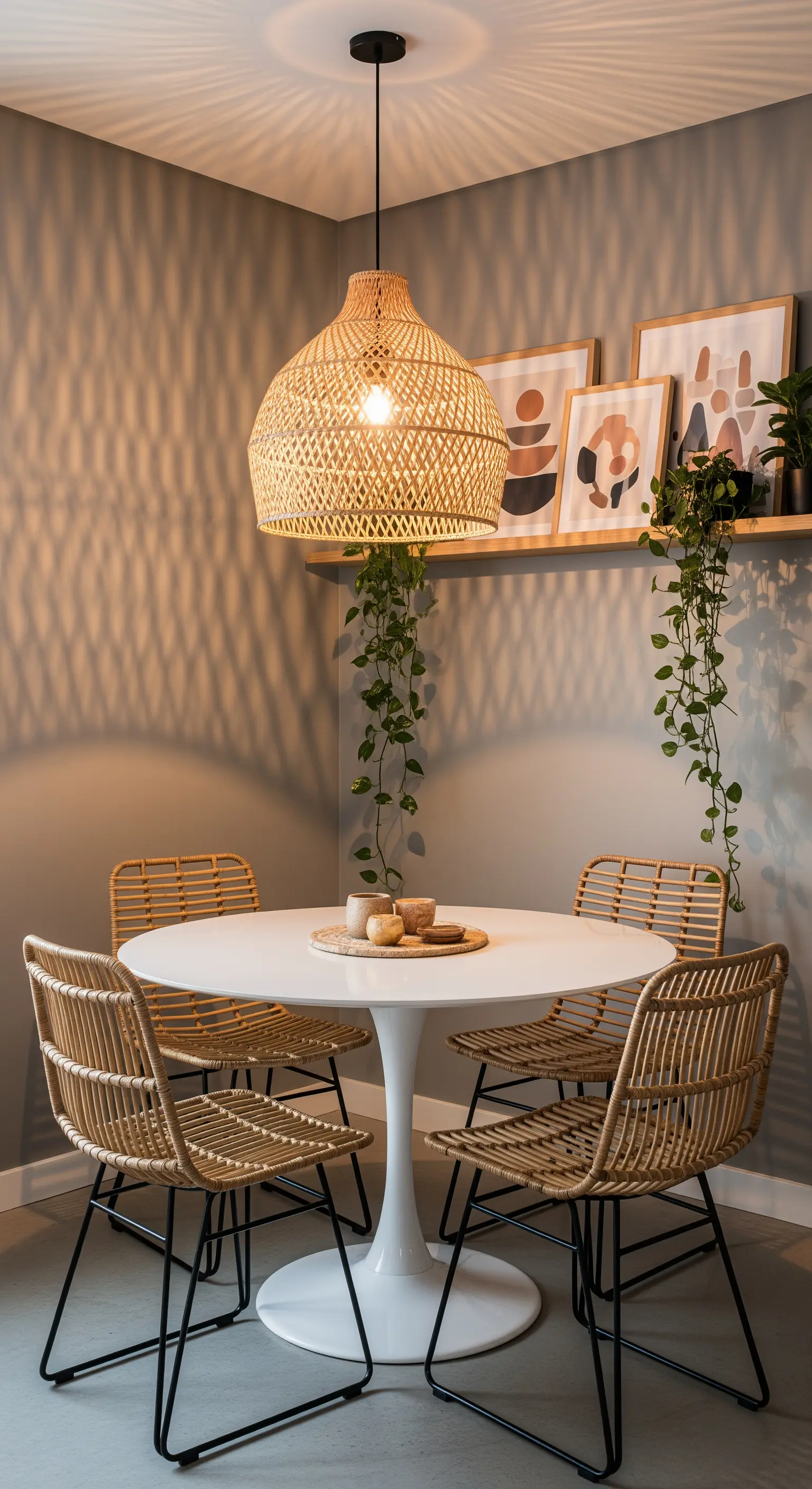 Große Rattan-Pendelleuchte über einem runden Esstisch mit Rattan-Stühlen vor grauer Wand.