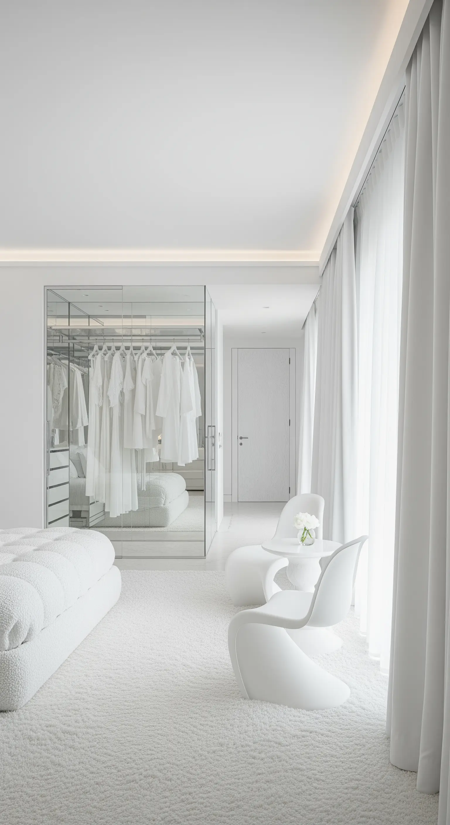 Minimalistisches, komplett weißes Schlafzimmer mit verspiegeltem Kleiderschrank und verschiedenen Texturen.