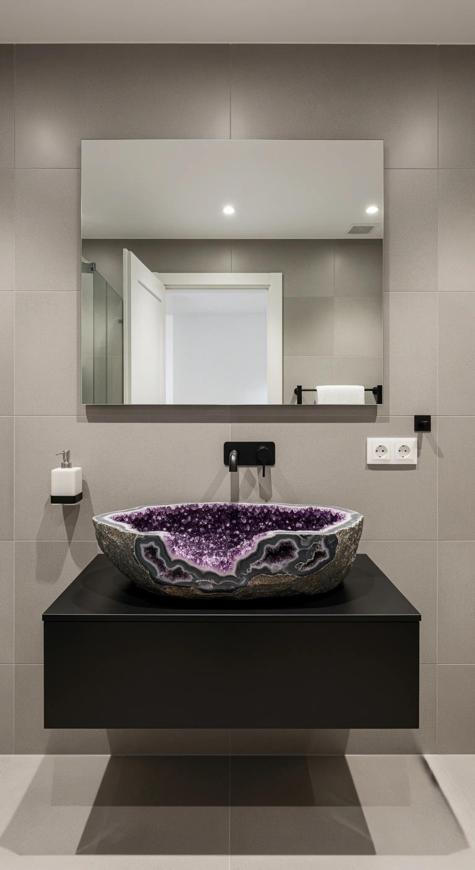 Langer, weißer Waschtisch mit zwei nahtlos integrierten Becken in einem minimalistischen Bad.