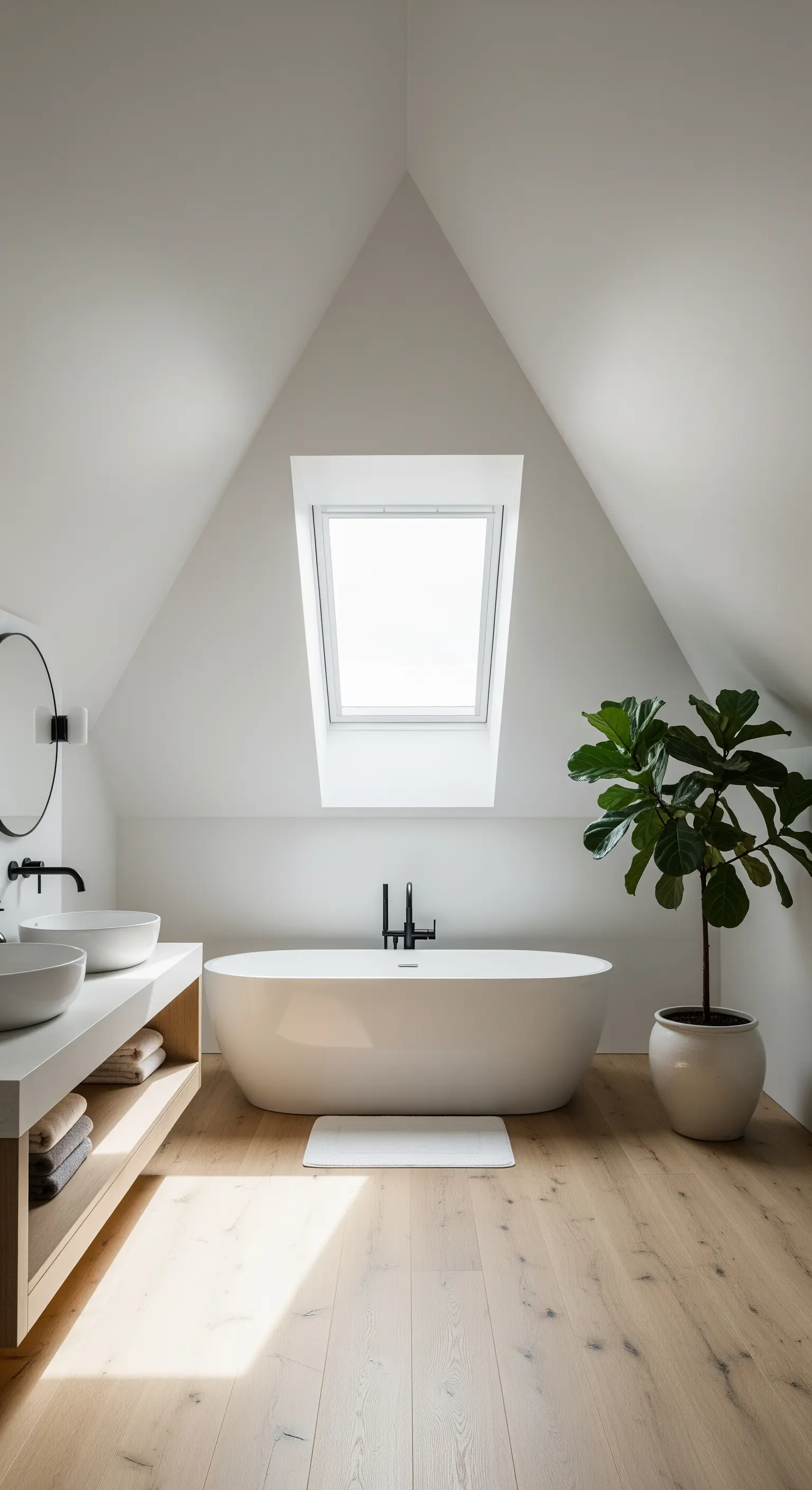 Minimalistisches Dachgeschoss-Bad mit Badewanne unter einem Dachfenster und einer großen Pflanze.