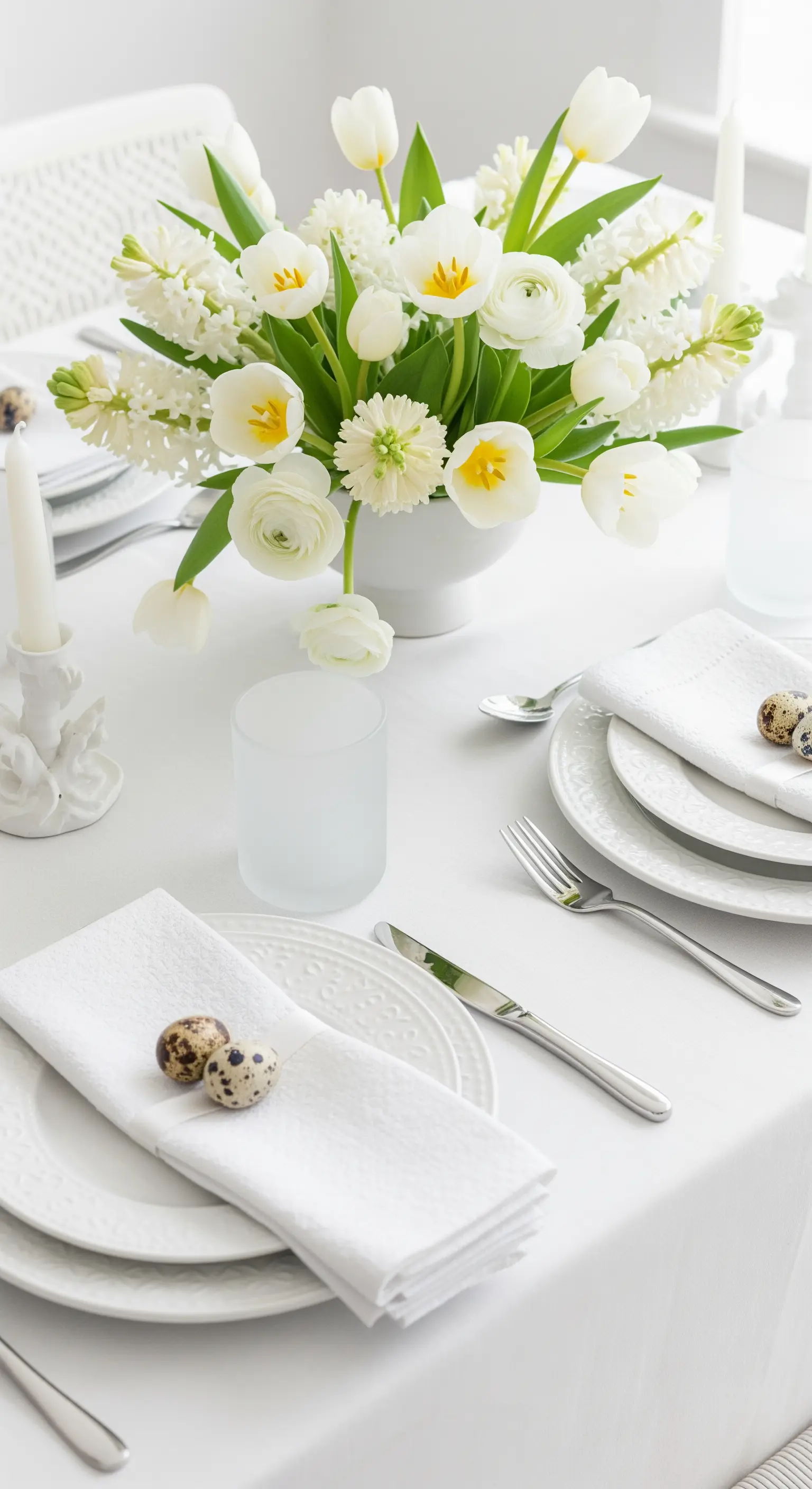 Elegante, komplett in Weiß gehaltene Ostertafel mit Wachteleiern und weißen Blumen.