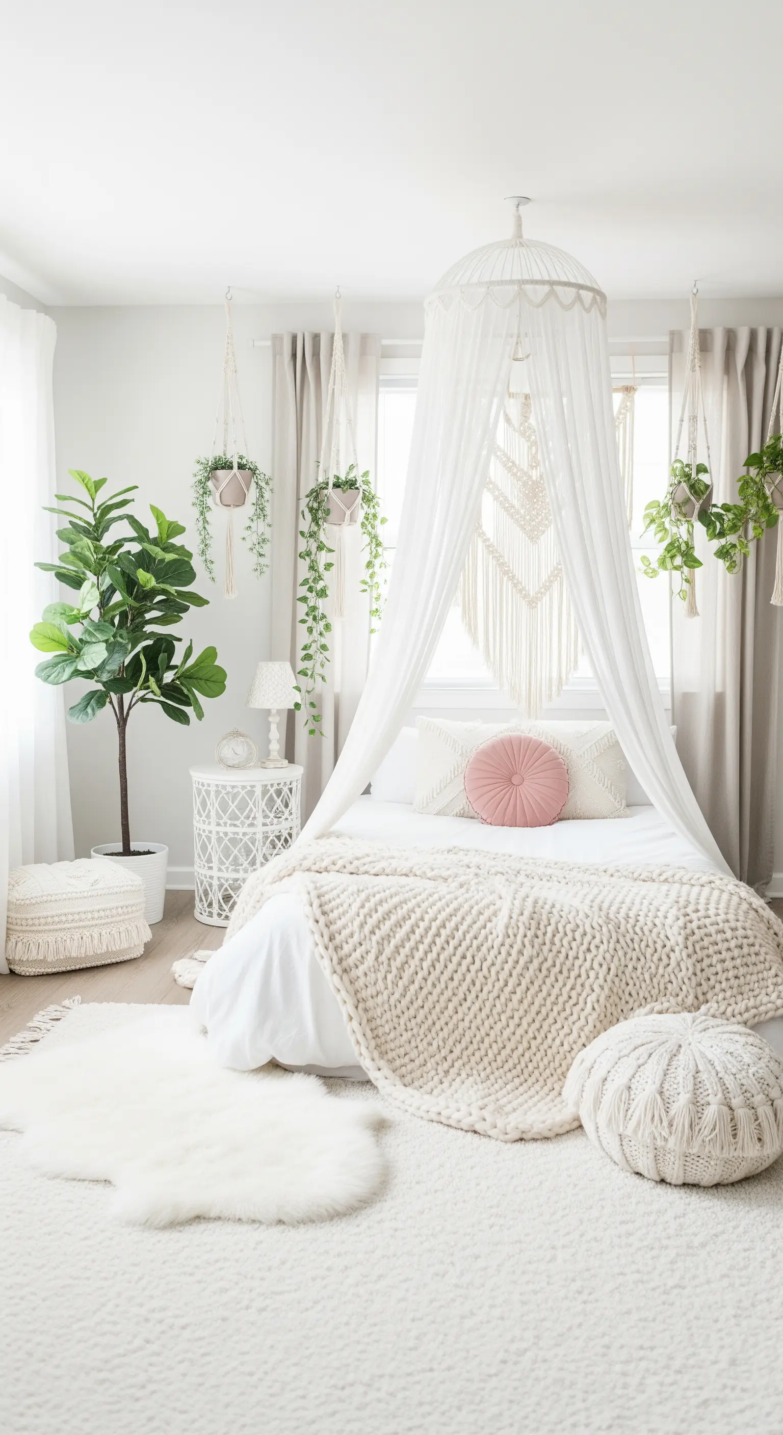 Helles, weißes Boho-Schlafzimmer mit vielen Texturen, Pflanzen und einem Betthimmel.