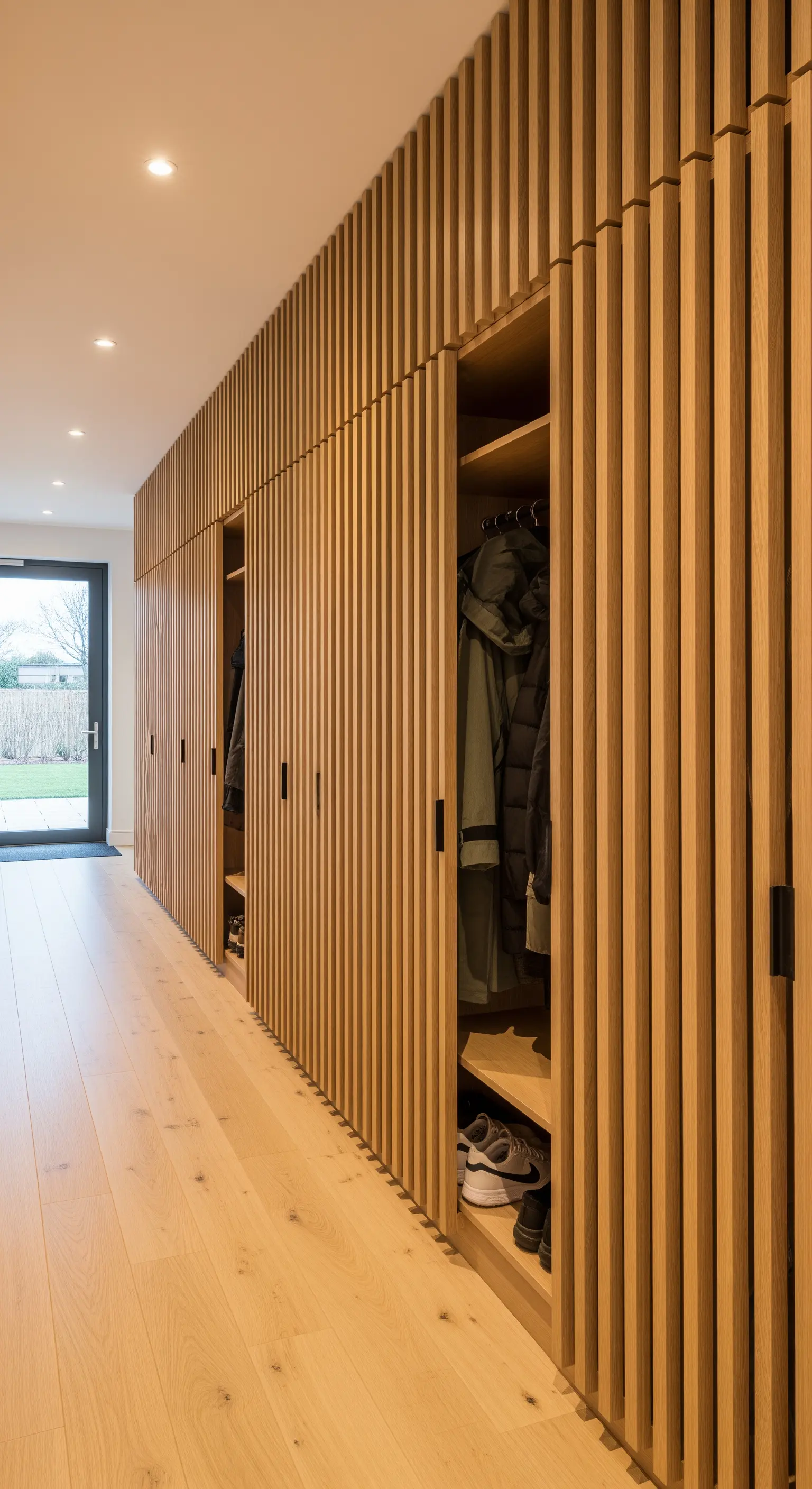 Flur mit einer Wand aus Holzlamellen, die eine versteckte Garderobe integriert.