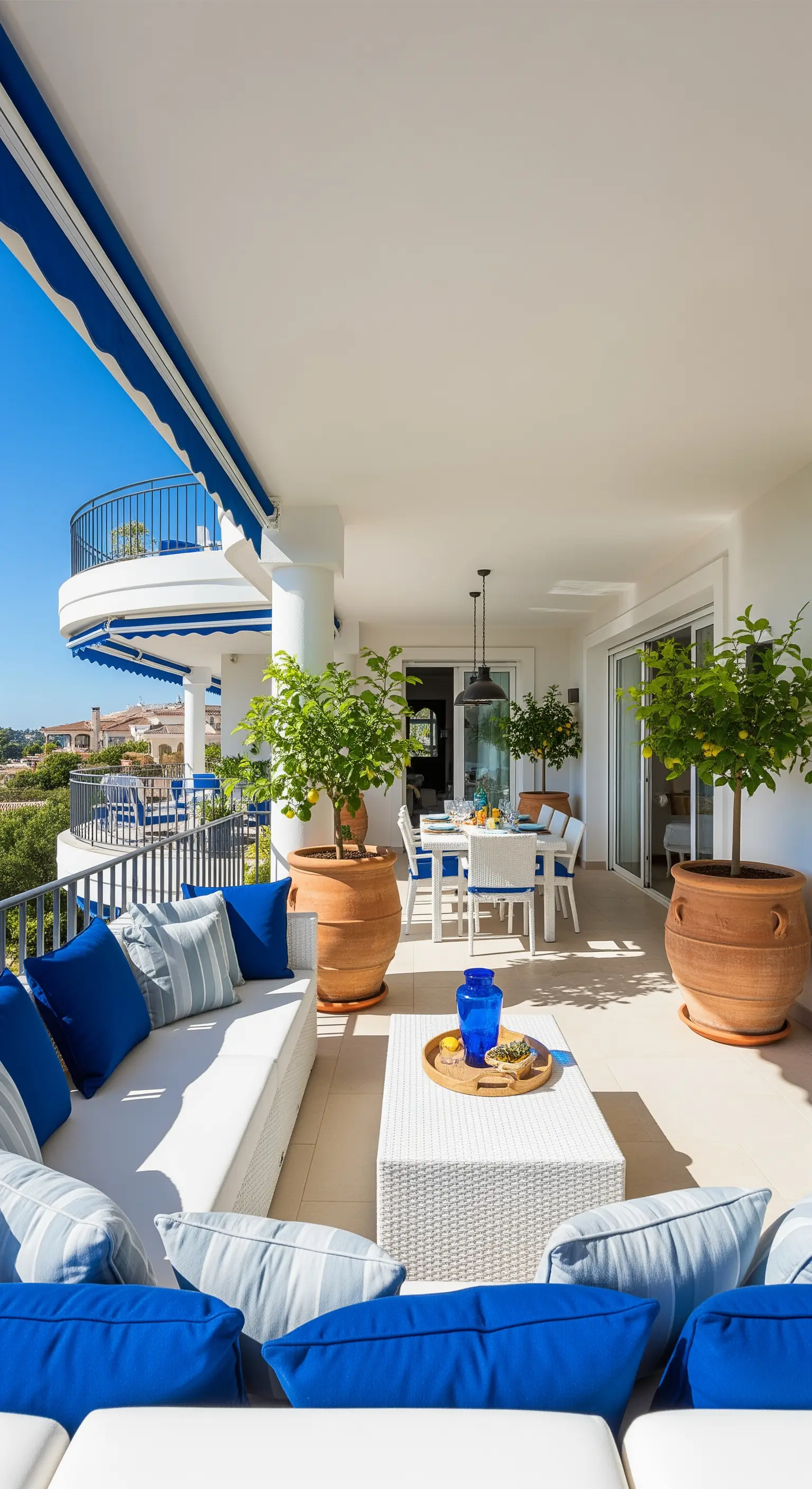 Große, luxuriöse Terrasse mit weißen Loungemöbeln, royalblauen Kissen und gestreifter Markise.