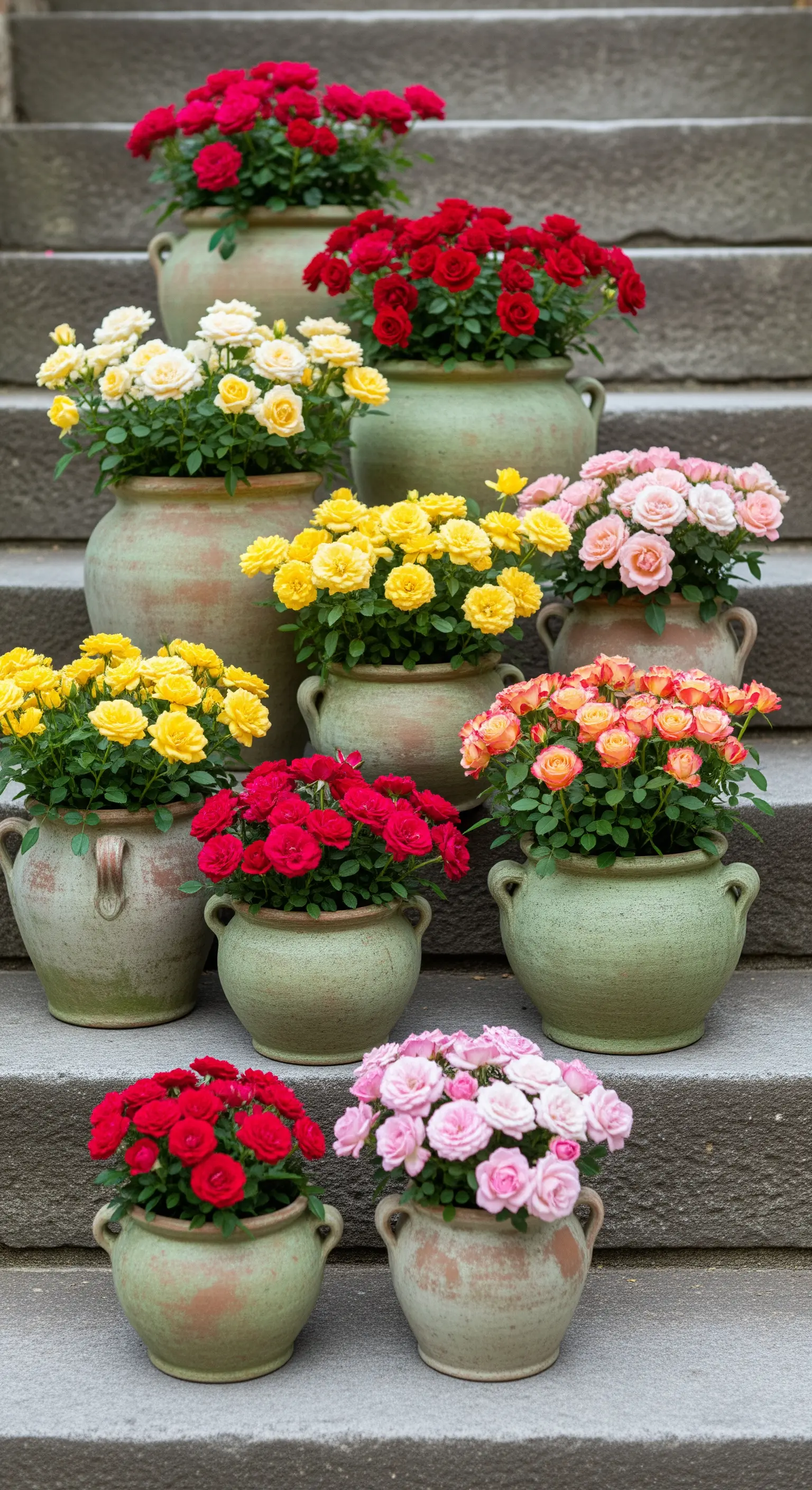 Sammlung von bunten Mini-Rosen in Keramiktöpfen auf einer Steintreppe