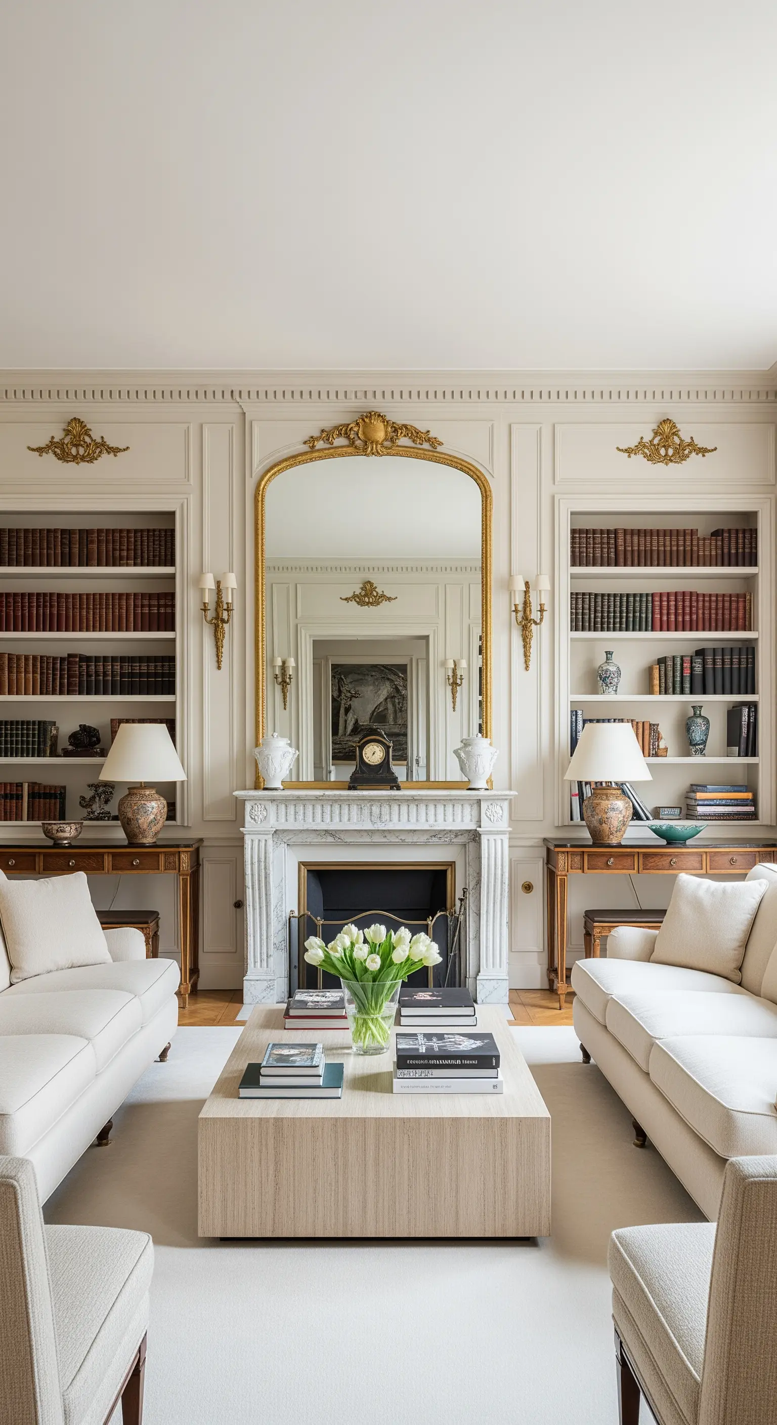 Symmetrisch eingerichtetes Wohnzimmer mit zwei Sofas, Kamin und flankierenden Bücherregalen.