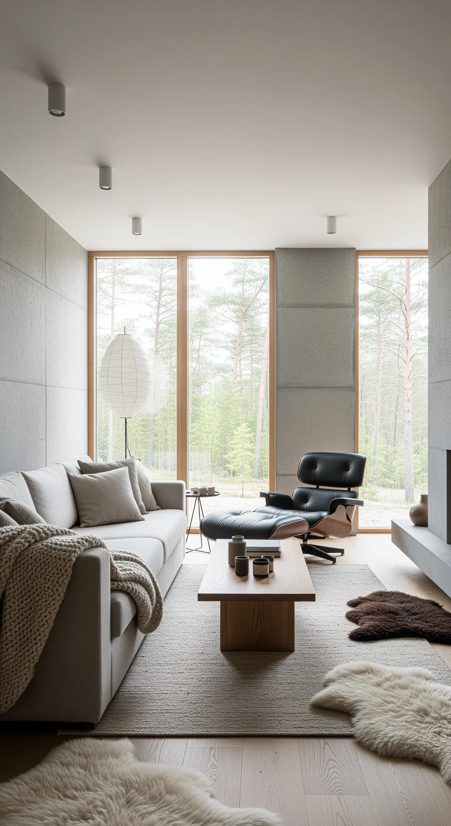 Minimalistisches Wohnzimmer mit Betonwänden, Holzboden und Designklassikern.