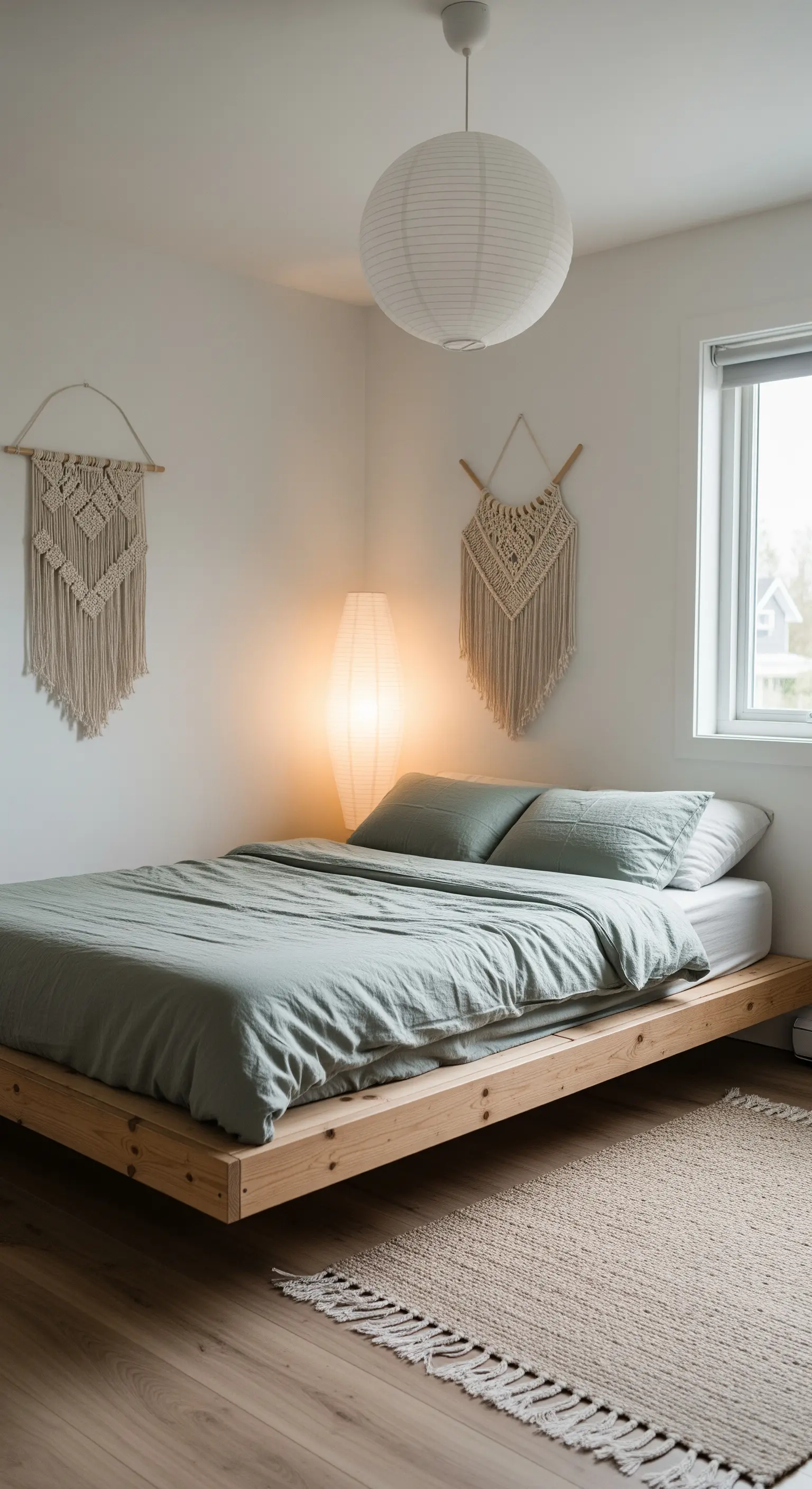 Minimalistisches Schlafzimmer im Japandi-Stil mit niedrigem Holzbett und Papierlampe.