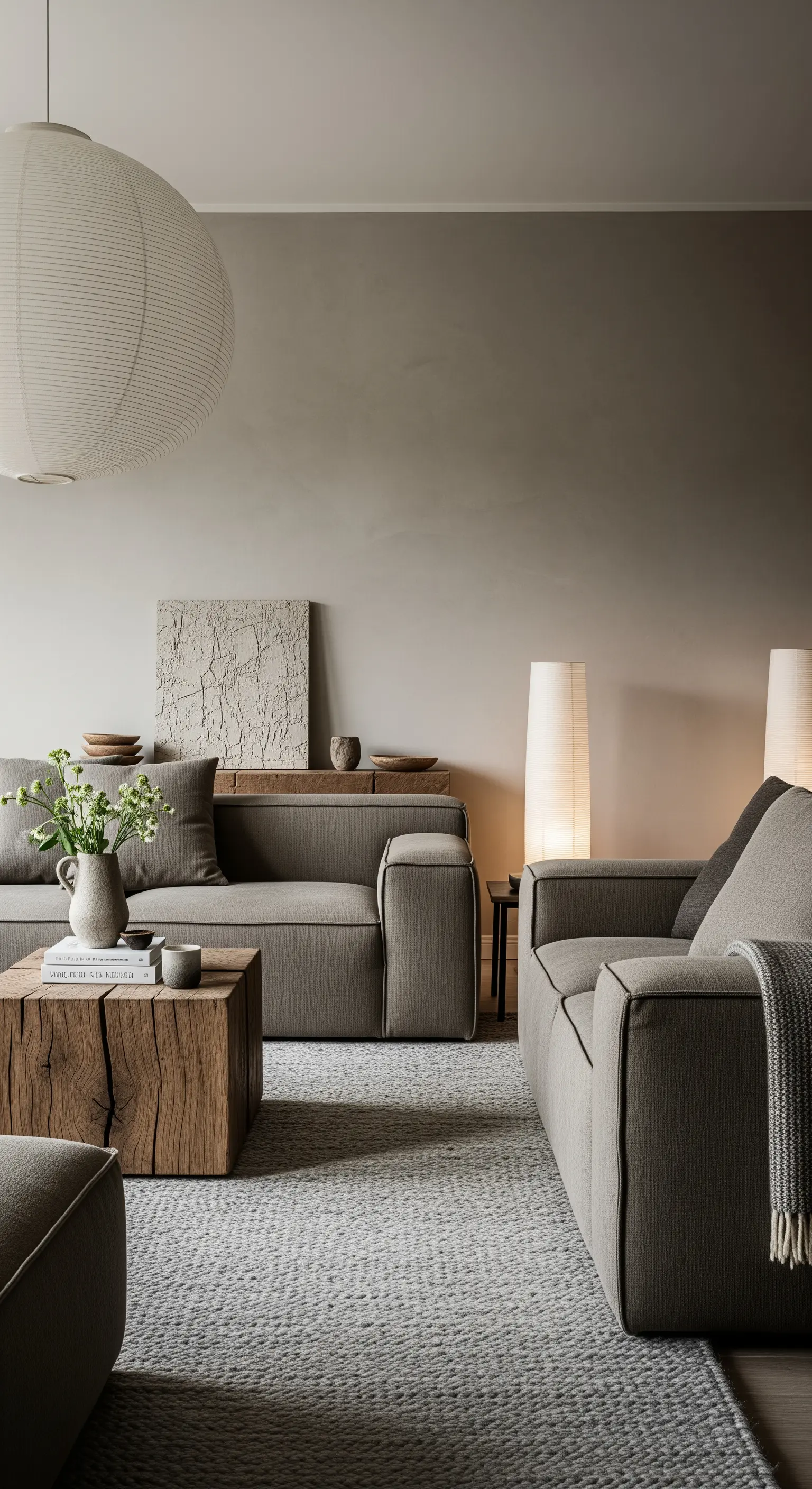 Minimalistisches Wohnzimmer im Japandi-Stil mit Holztisch, Papierleuchte und grauen Sofas.