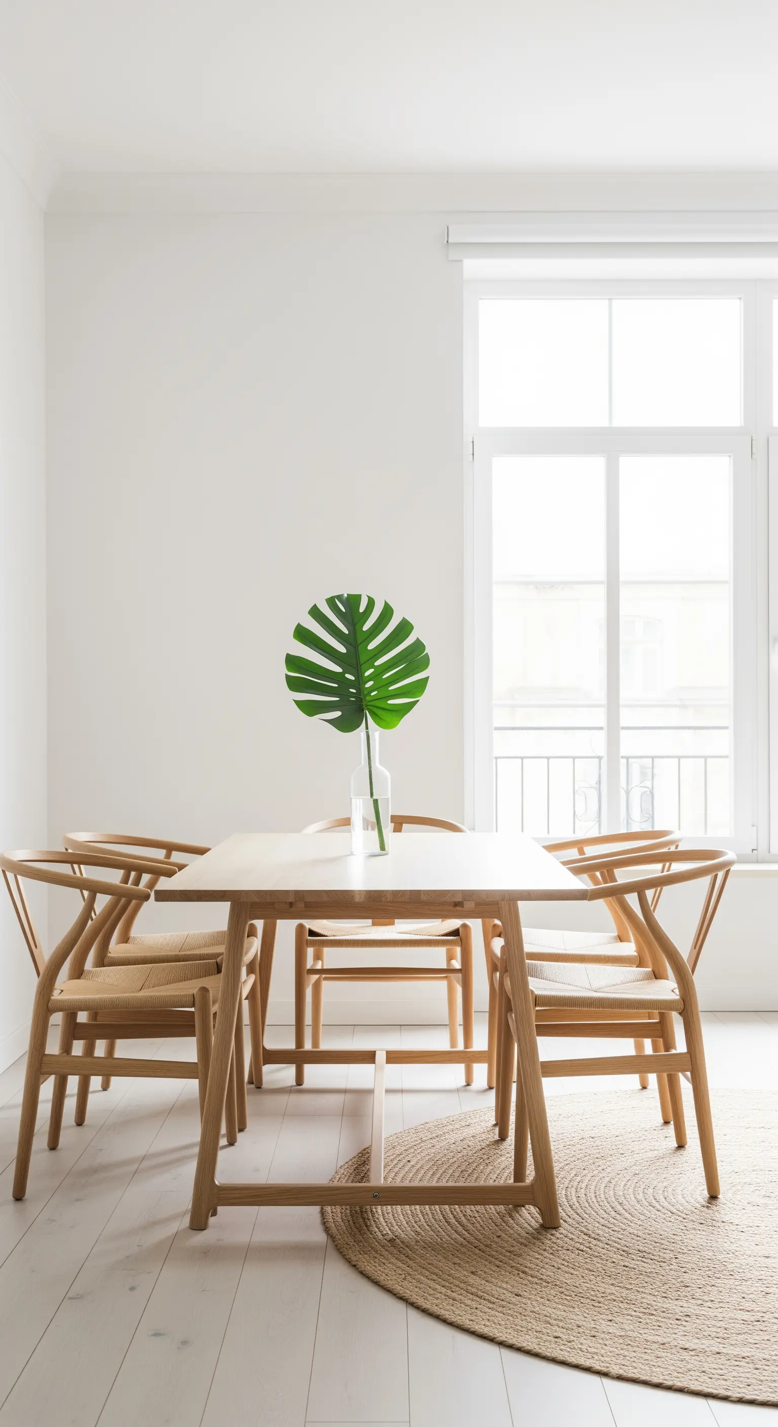 Minimalistischer Holztisch mit einem einzelnen Monstera-Blatt in einer Glasvase.