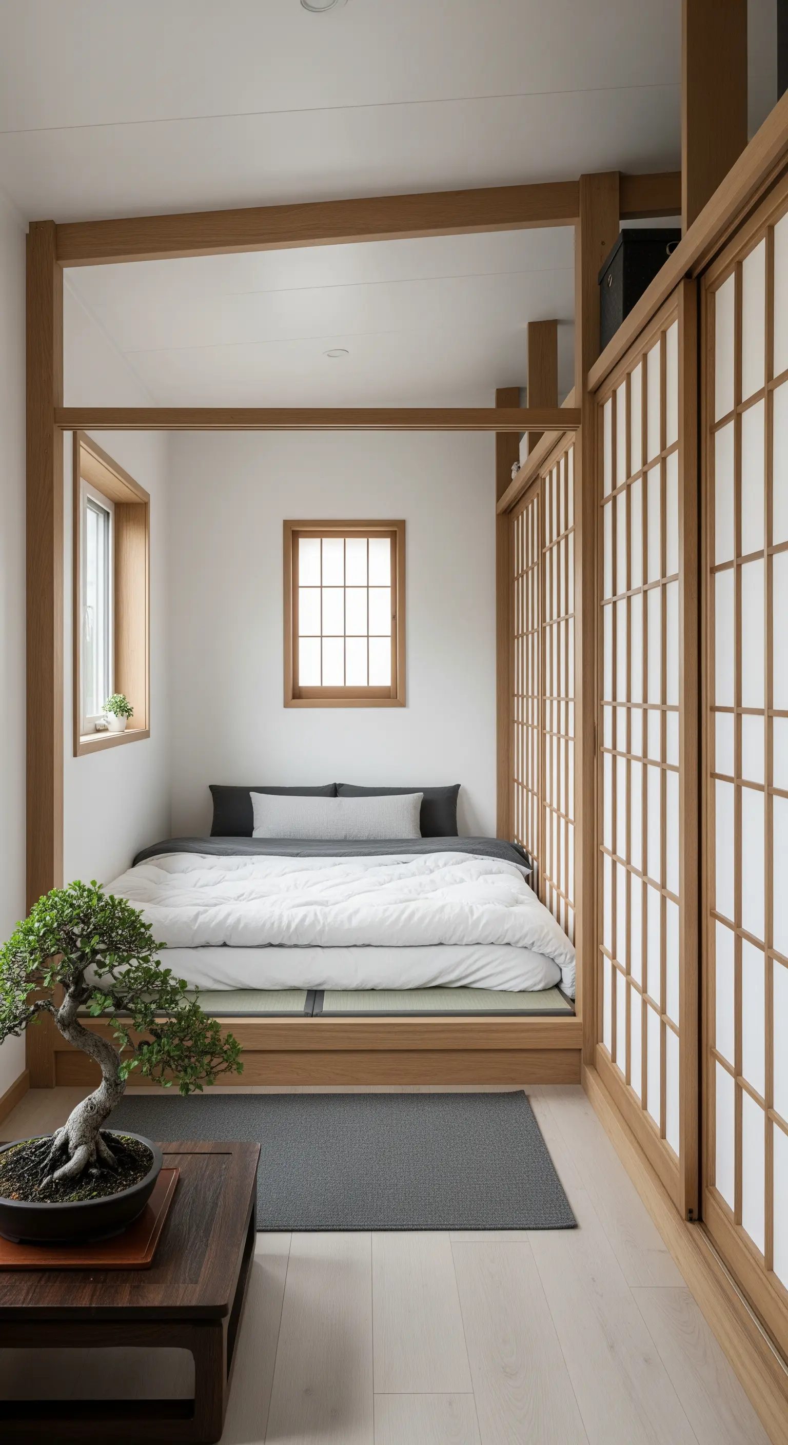 Minimalistisches Japandi-Schlafzimmer mit niedrigem Bett und Shoji-Schiebetüren.