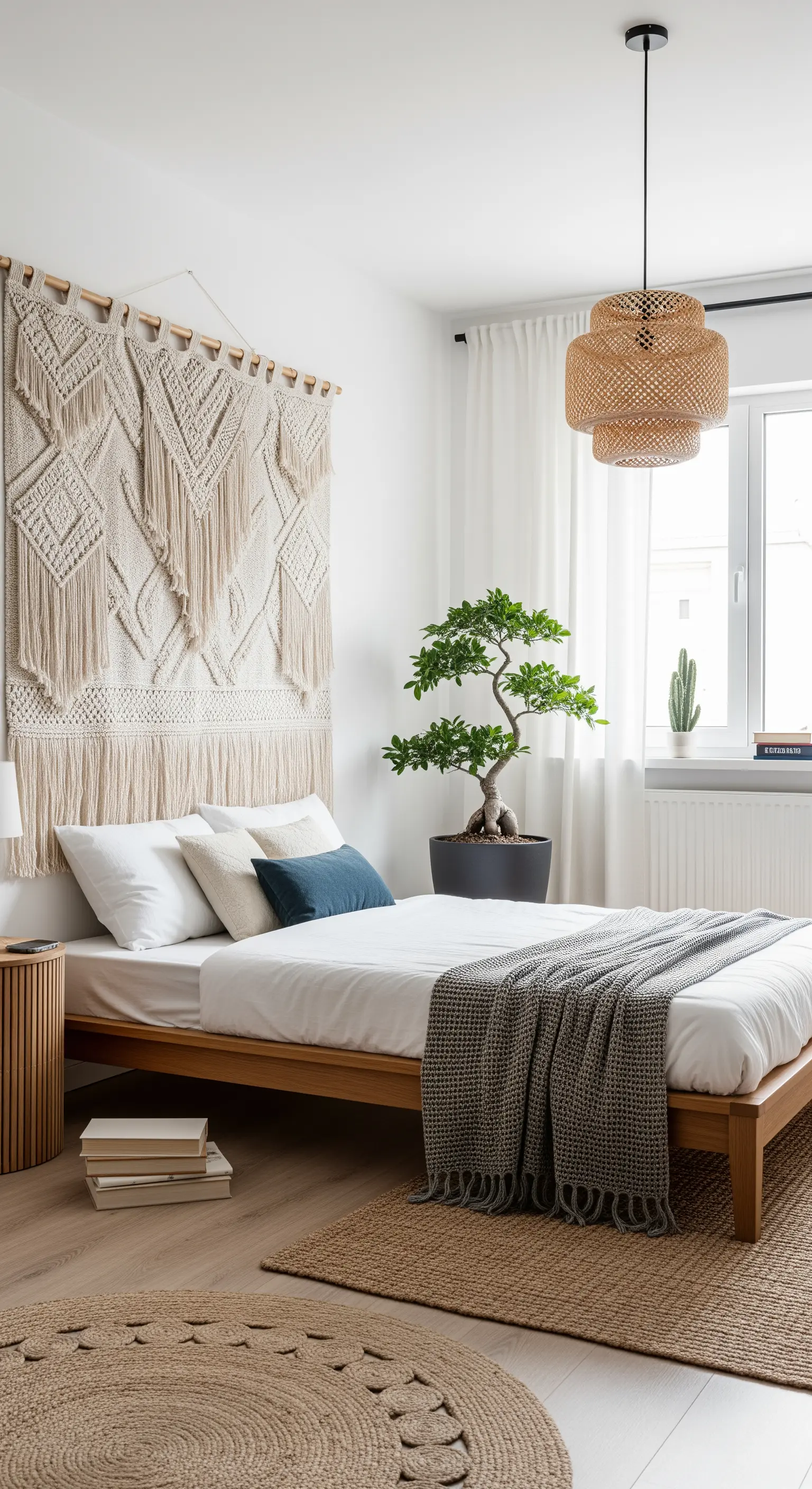 Minimalistisches Japandi-Boho-Schlafzimmer mit Makramee, Holzbett und einem Bonsai-Baum.