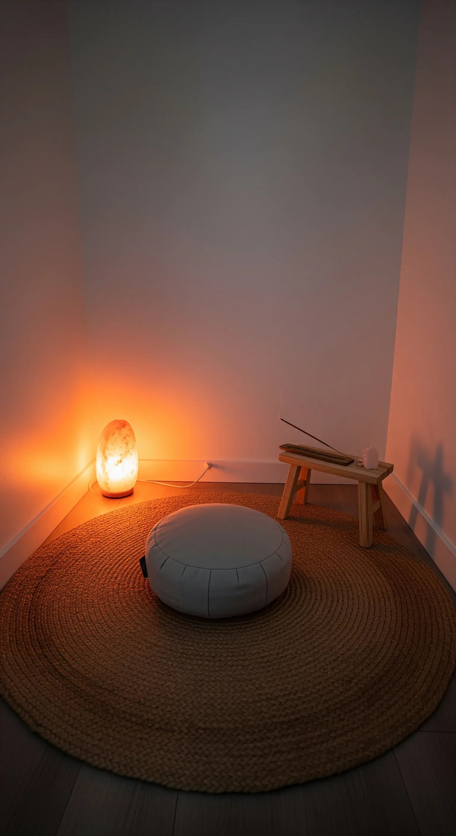 Minimalistische Meditationsecke mit einer Salzkristall-Lampe und einem Bodenkissen auf einem runden Jute-Teppich.