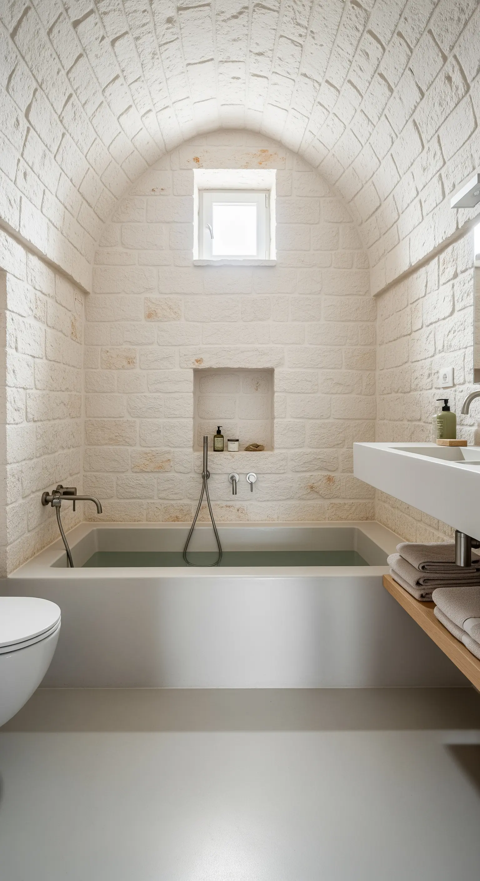 Minimalistisches Badezimmer mit gewölbter Steindecke und schlichten Sanitärobjekten.