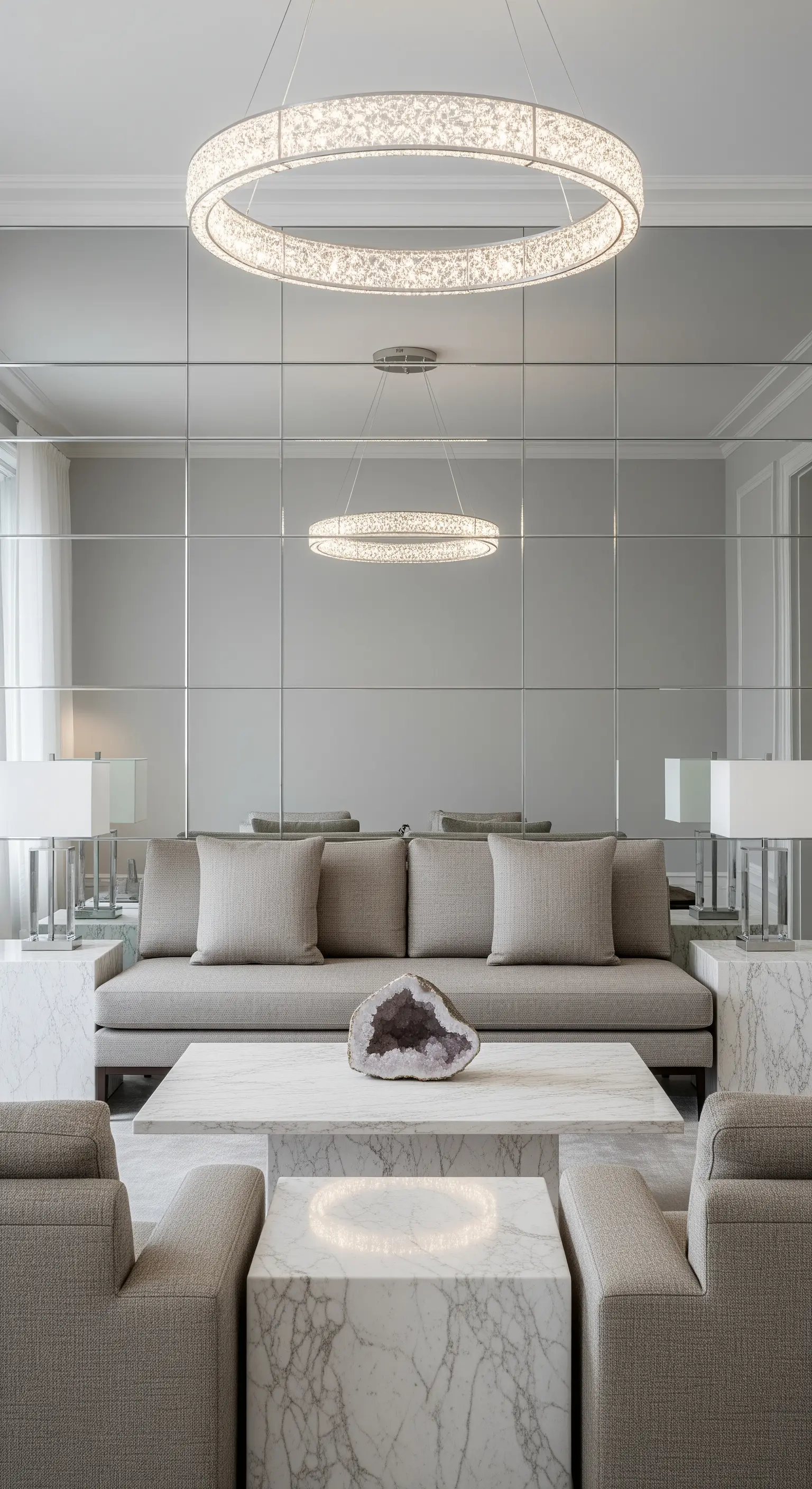 Minimalistisches Wohnzimmer in neutralen Tönen mit Marmor und einer großen, klaren Spiegelwand.