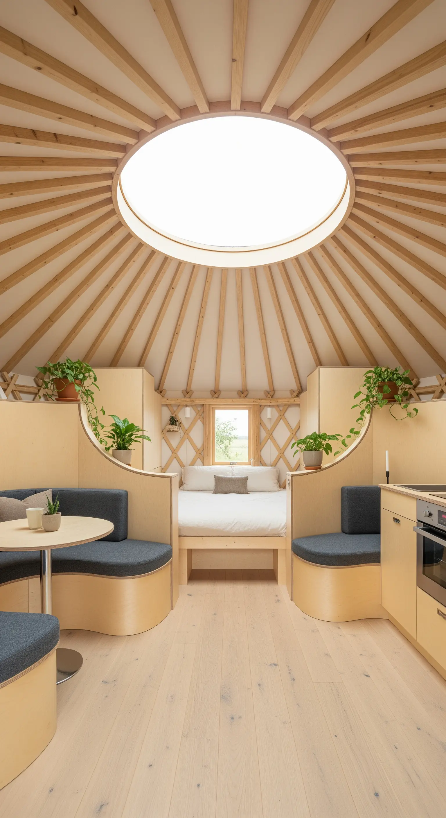 Modernes Jurten-Interieur mit geschwungenen Einbaumöbeln aus hellem Holz.