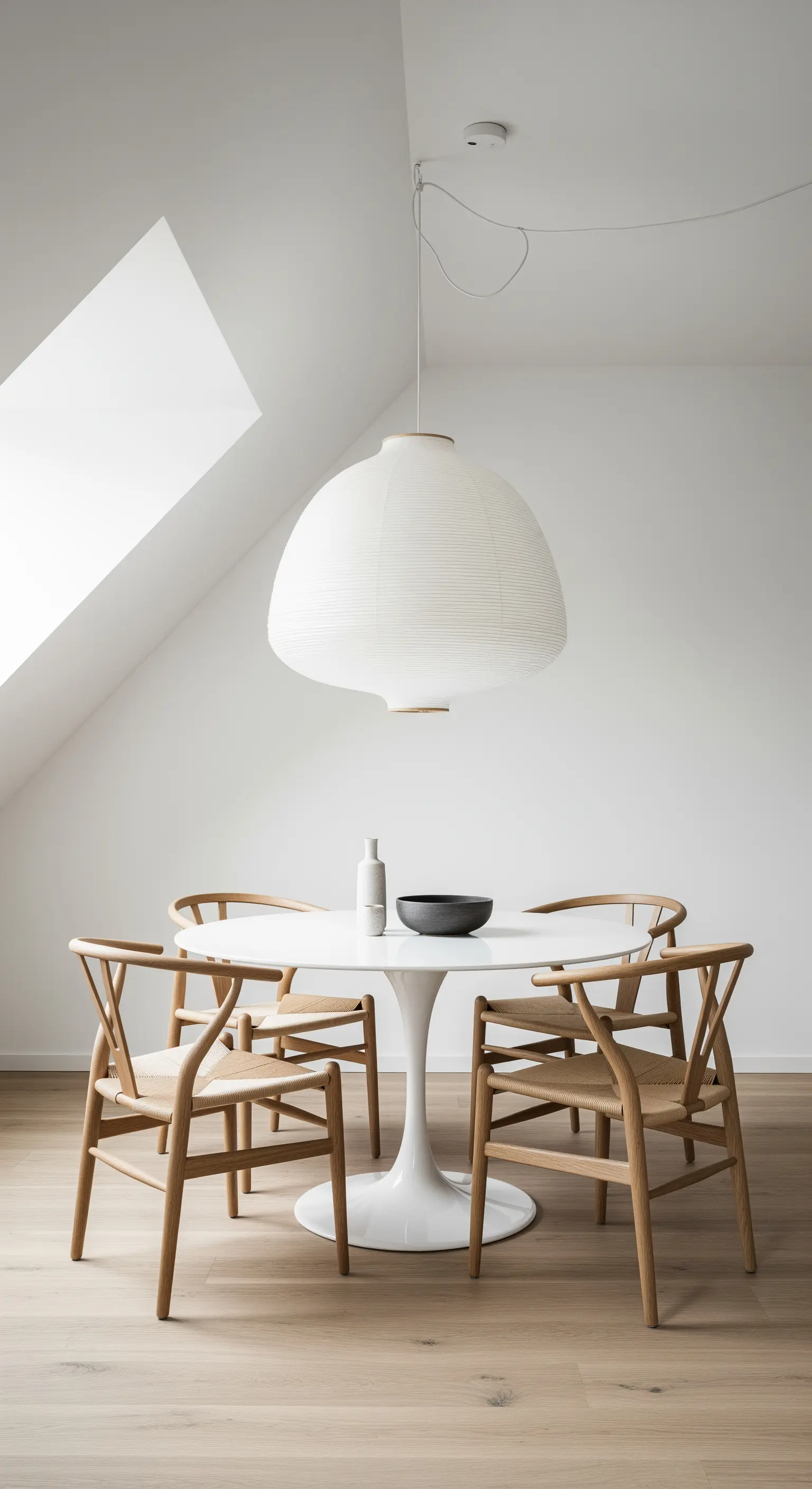 Runder weißer Esstisch mit Holzstühlen unter einer großen Papier-Pendelleuchte im Dachgeschoss.