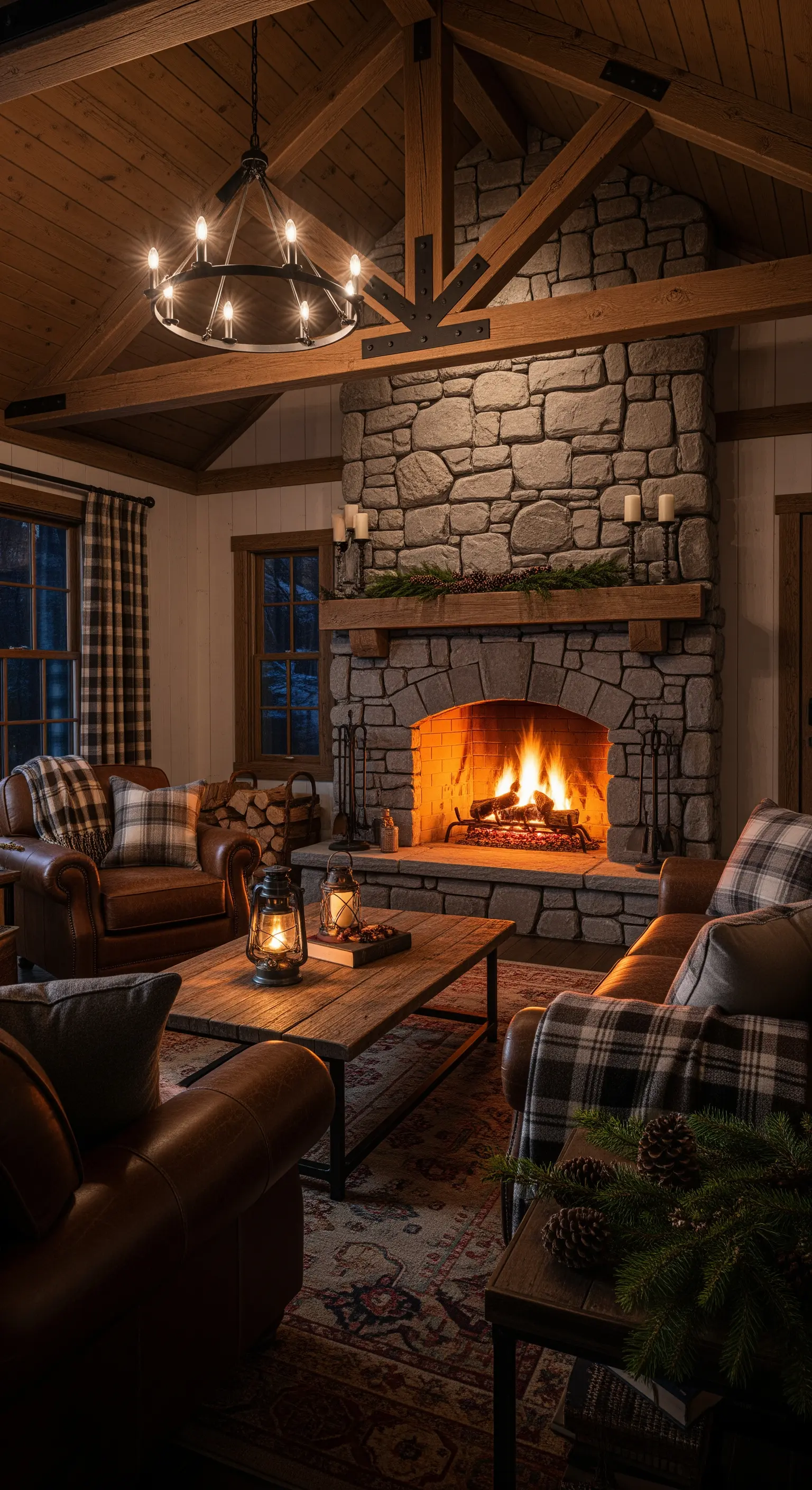 Rustikales Wohnzimmer mit Steinkamin, Ledersesseln und karierten Decken in gedämpftem Licht.