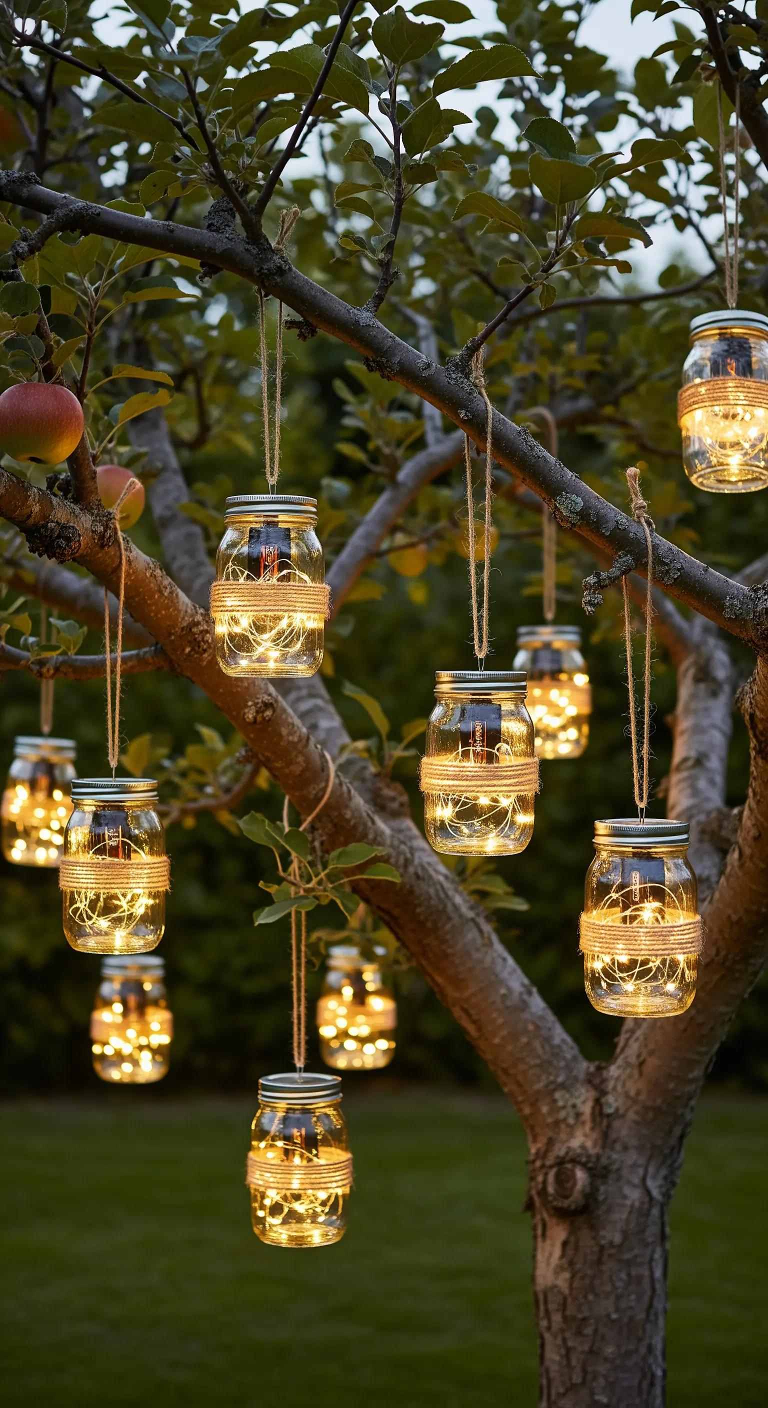 Einmachgläser mit Lichterketten, die mit Juteschnur an den Ästen eines Apfelbaums hängen.