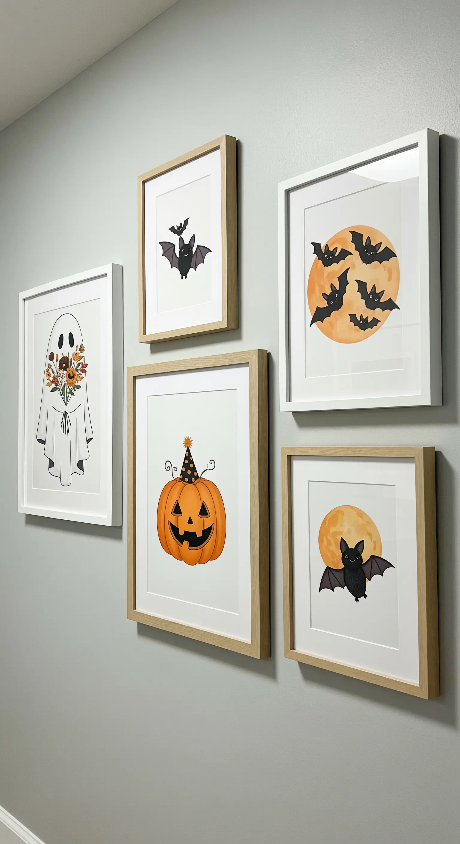 Eine moderne Galeriewand mit fünf Bildern in verschiedenen Größen mit süßen Halloween-Aquarell-Motiven.