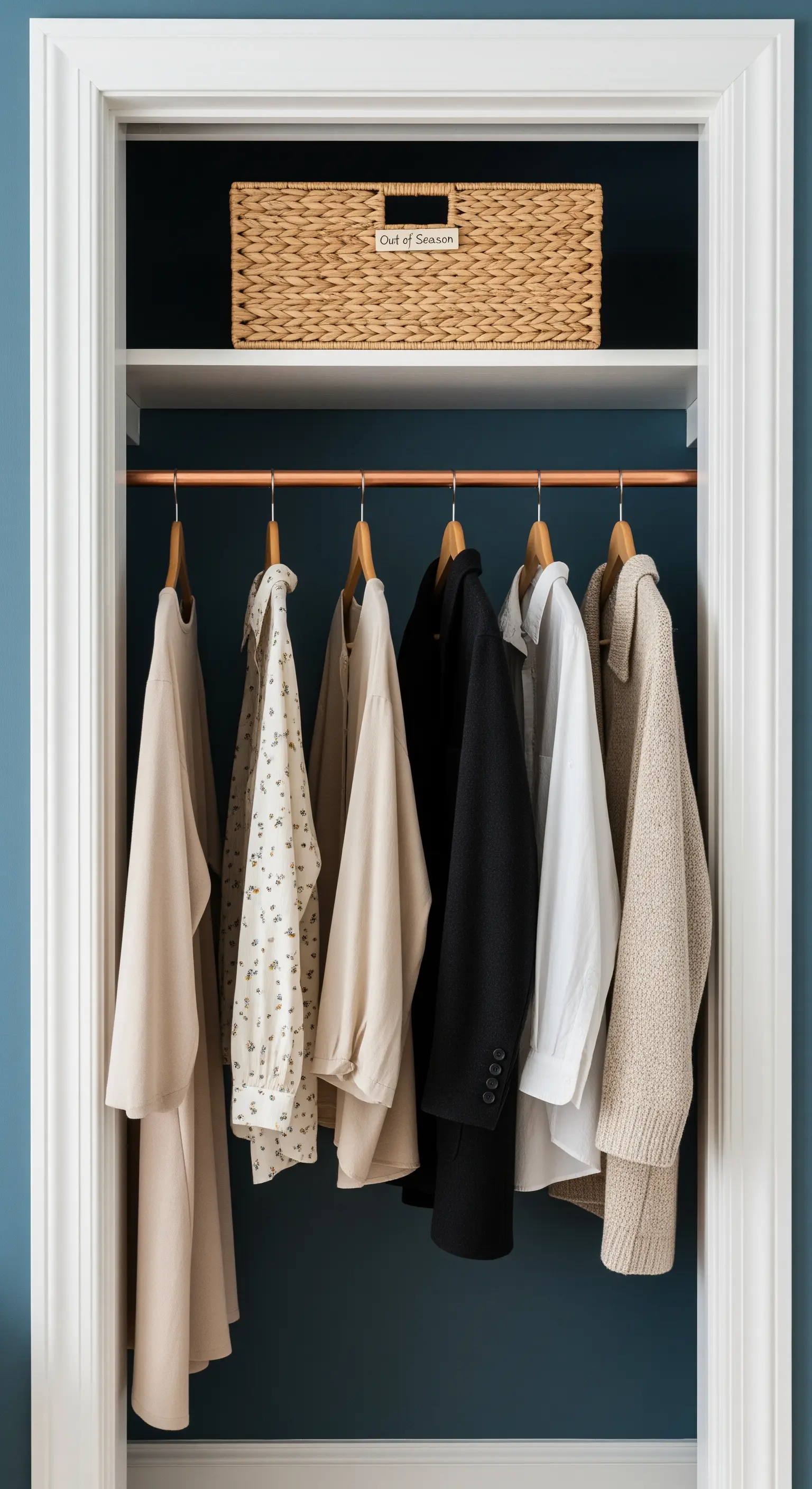 Organisierte Kleidernische mit Kupferstange und Korb für saisonale Kleidung