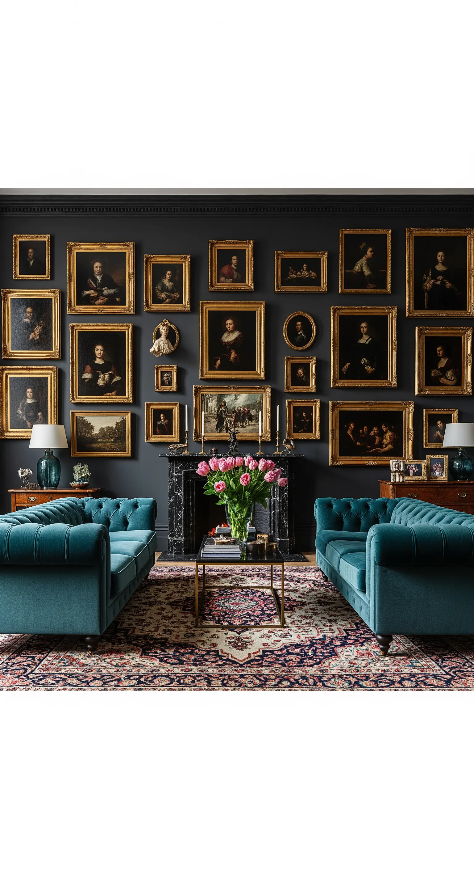 Wohnzimmer mit dunkelgrauer Wand, die vollständig mit golden gerahmten Gemälden bedeckt ist