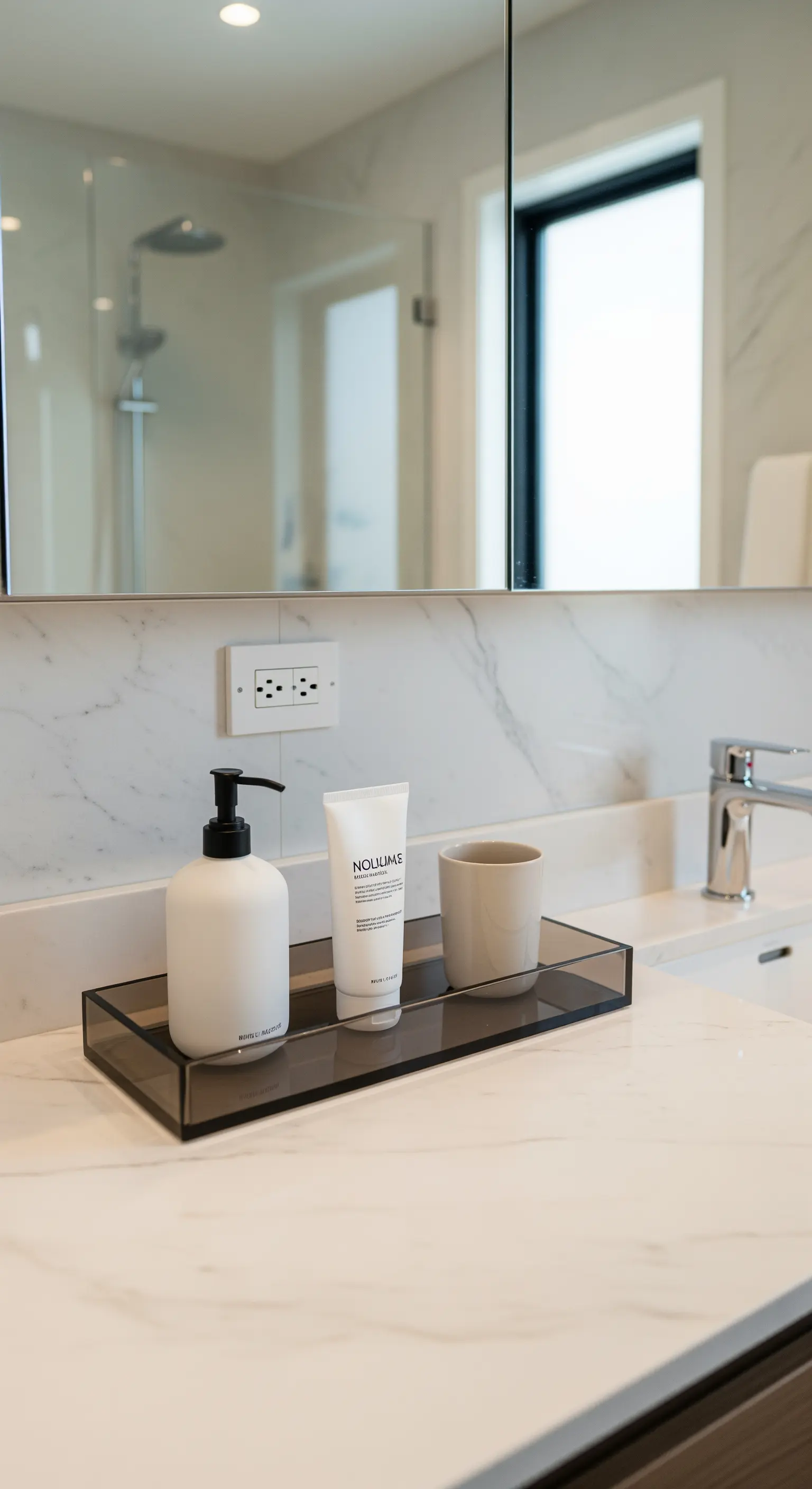 Ein Tablett aus Rauchglas auf einem Marmorwaschtisch organisiert Seifenspender und Kosmetik.