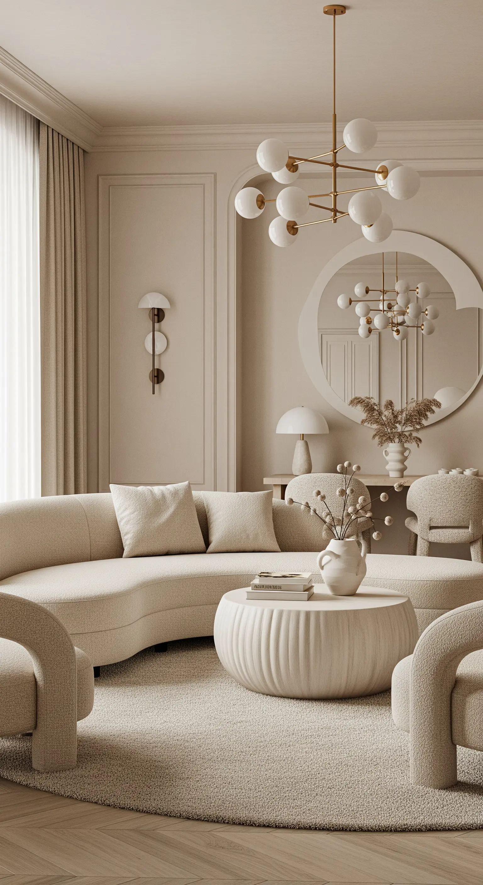 Elegantes beiges Wohnzimmer mit geschwungenem Sofa und runden Möbeln.