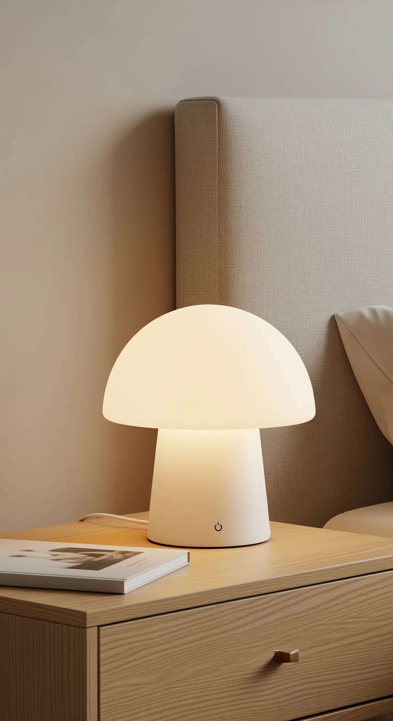 Weiße, pilzförmige Tischlampe auf einem Nachttisch aus hellem Holz.