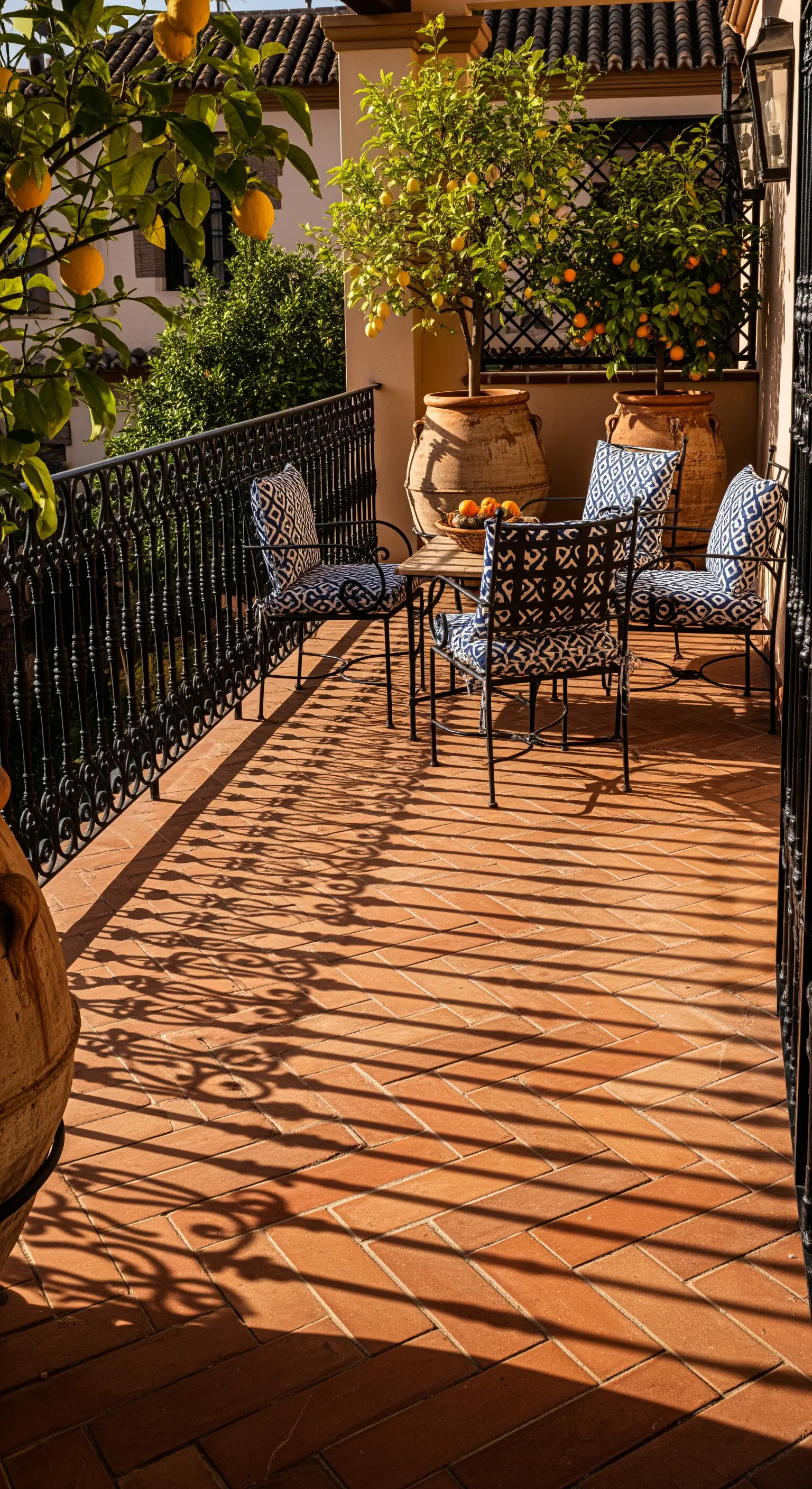 Balkon mit Terrakottafliesen und dem grafischen Schatten eines schmiedeeisernen Geländers.