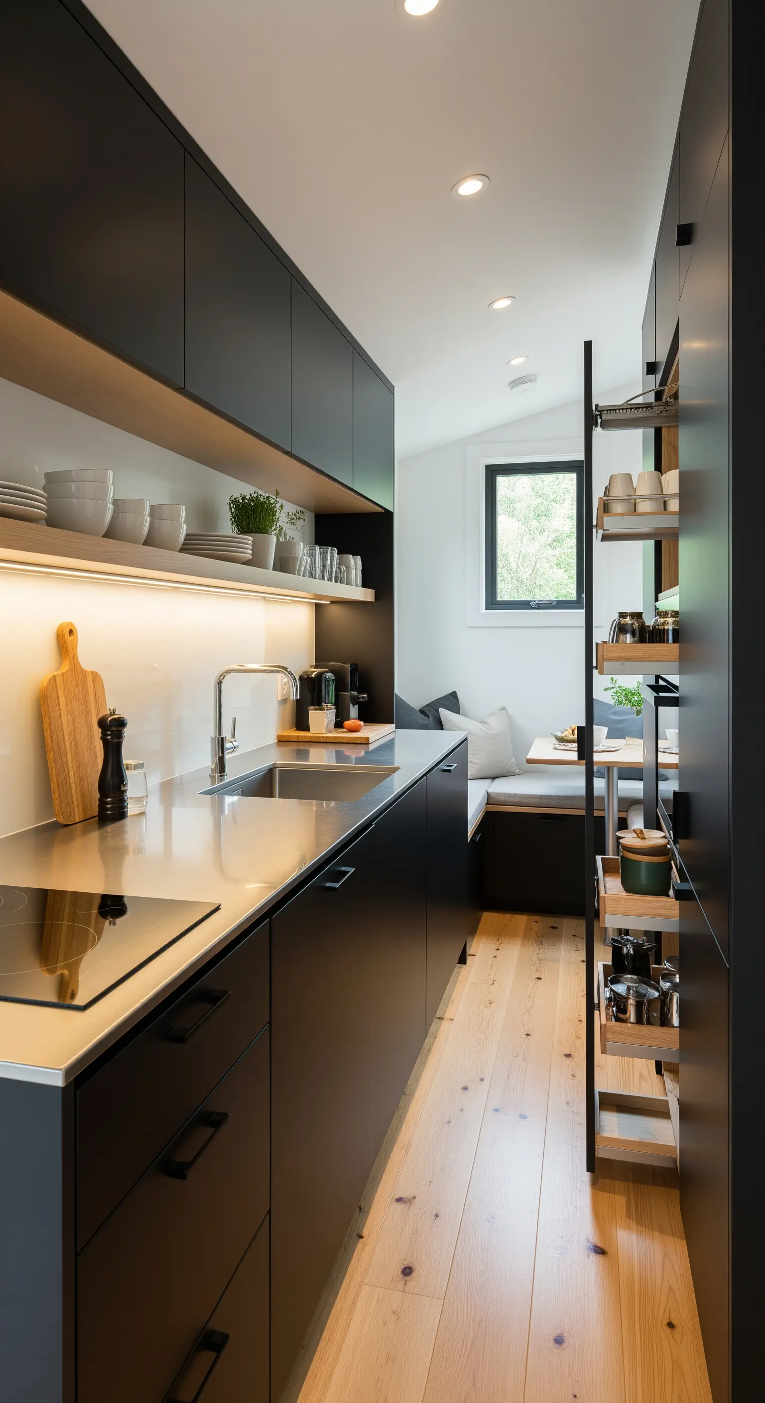 Schwarze minimalistische Küche mit ausziehbarem Apothekerschrank.