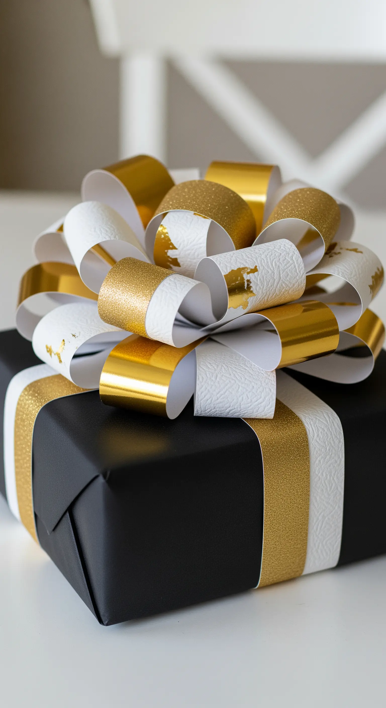 Eine große, voluminöse Geschenkschleife aus gold-weißem Papier auf einer schwarzen Box.