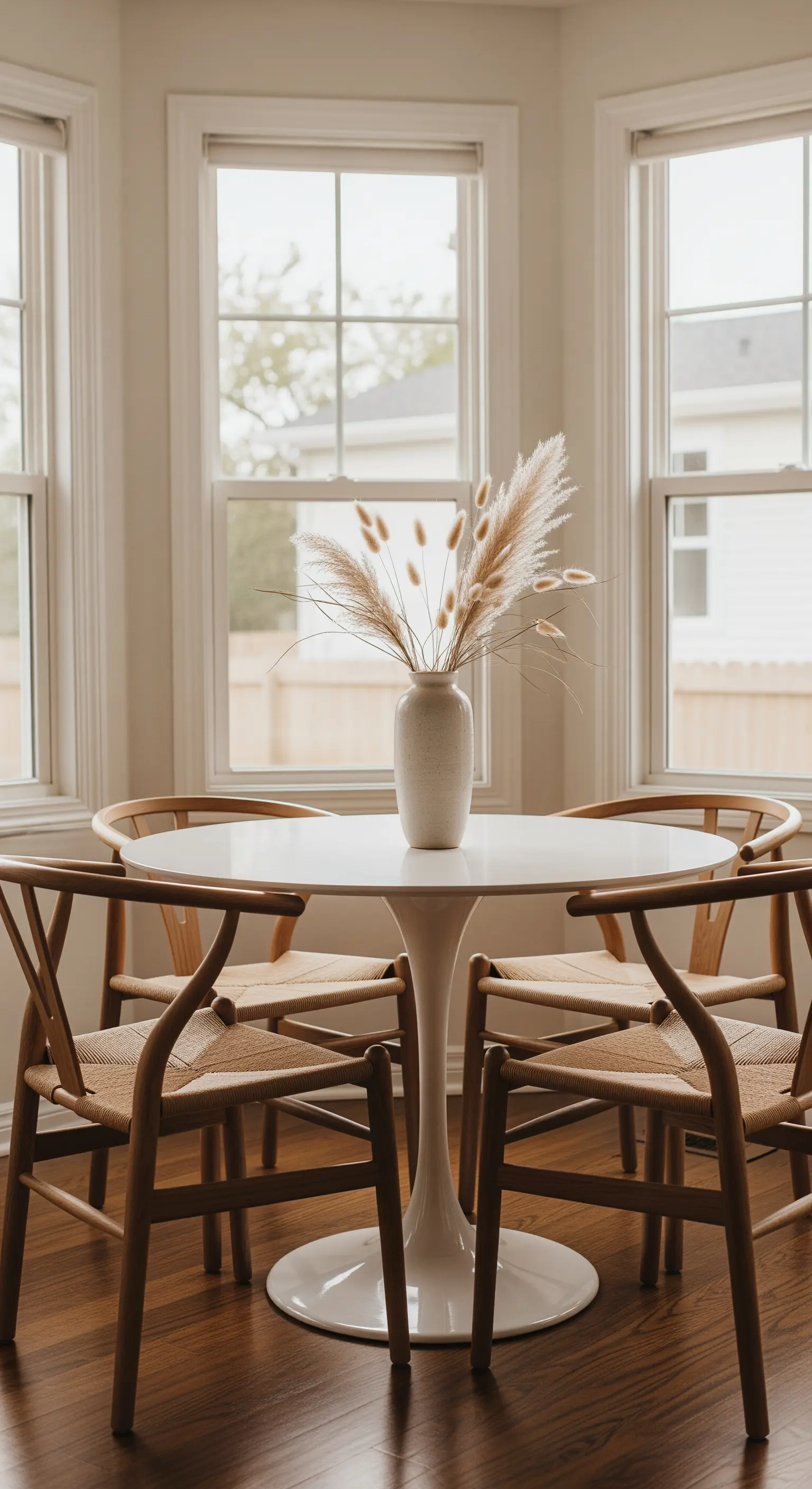 Essbereich mit Vase voller Pampasgras auf einem weißen, runden Tisch.